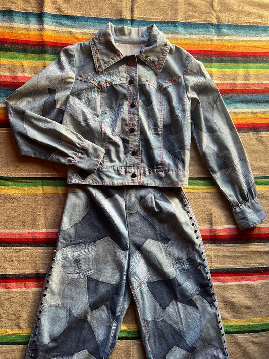 Stunning Patched Denim Set with Studding Detail