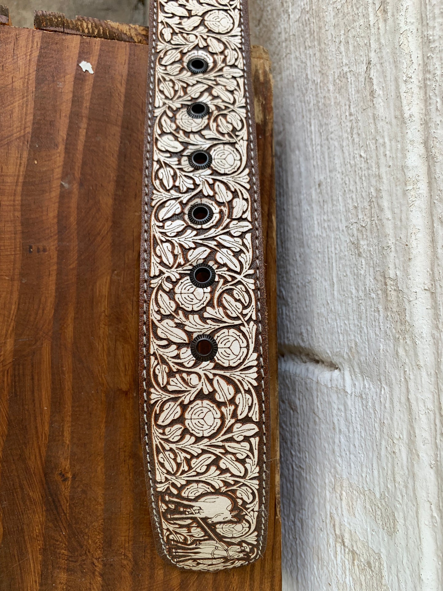 Vintage White Tooled Leather Belt