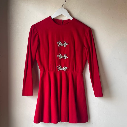 Red Corduroy Mini Dress with Silver Frog Closures