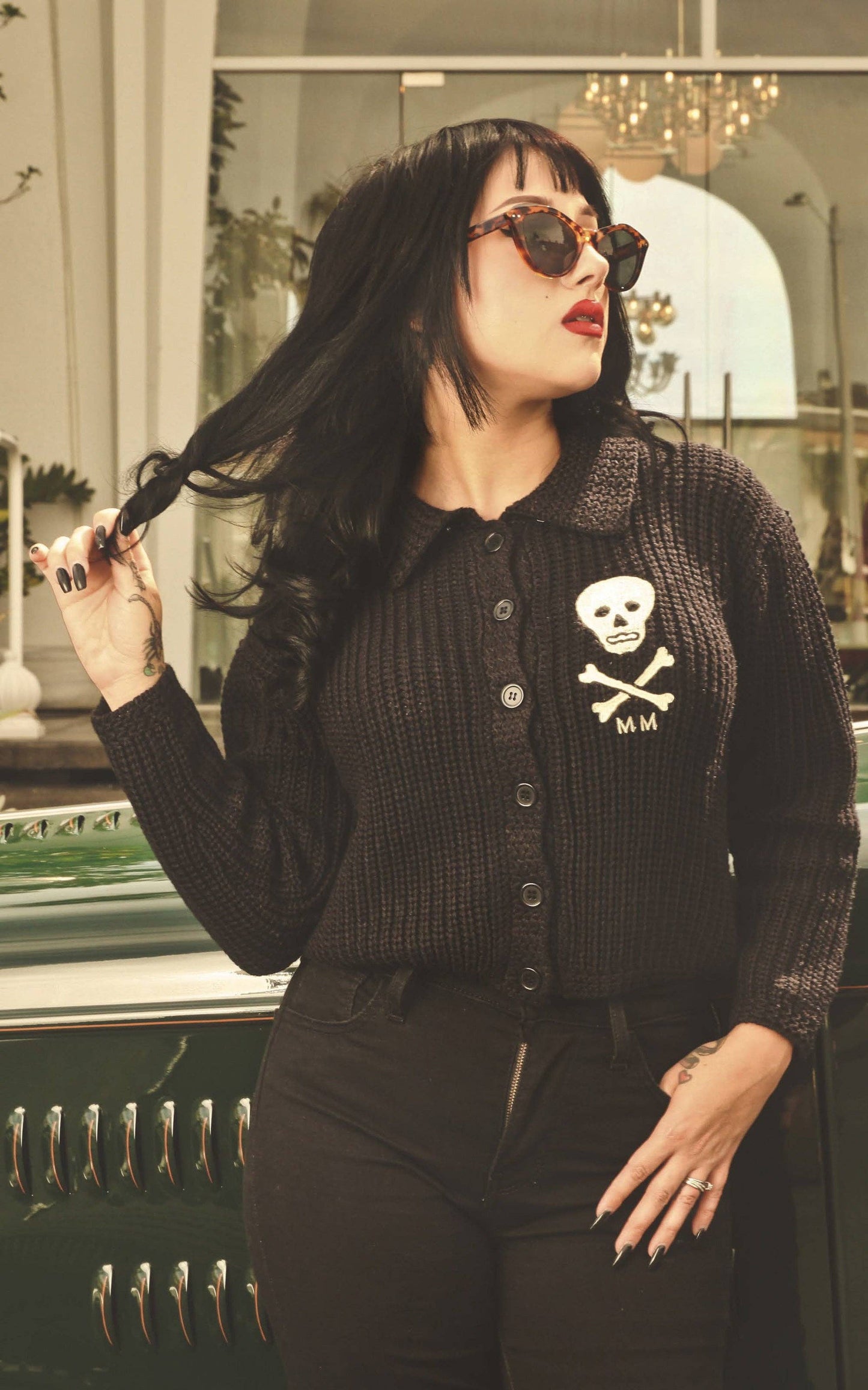 MM Skull Knit Cropped Collared Sweater in Black