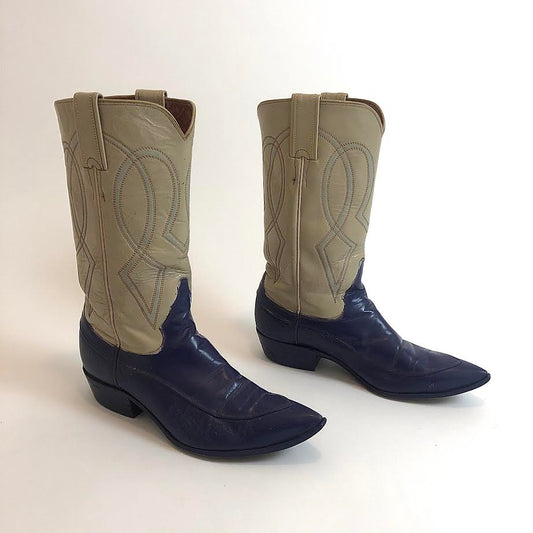 Vtg. Cream & Dark Blue Boots women's 6.5