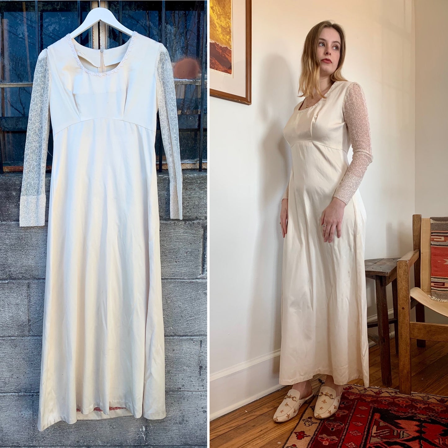 1970s Handmade Ecru Silk Wedding Dress (size 4)