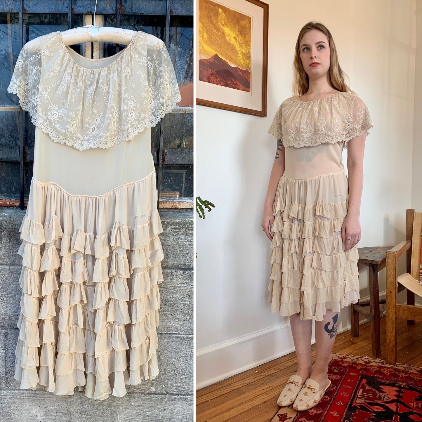 1930s Ivory Ruffle Silk Dress (women's 2/4)