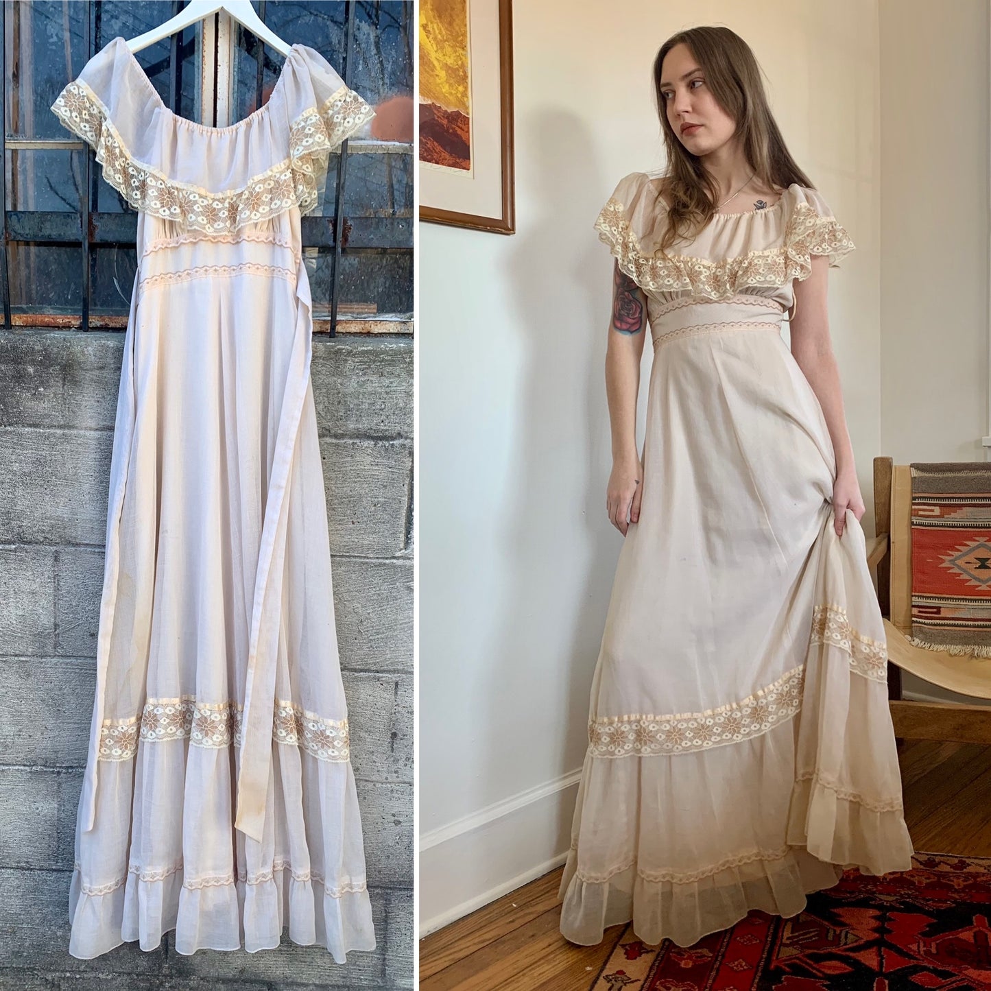 1970s Soft Ecru Off Shoulder Gown (women's 2/4)