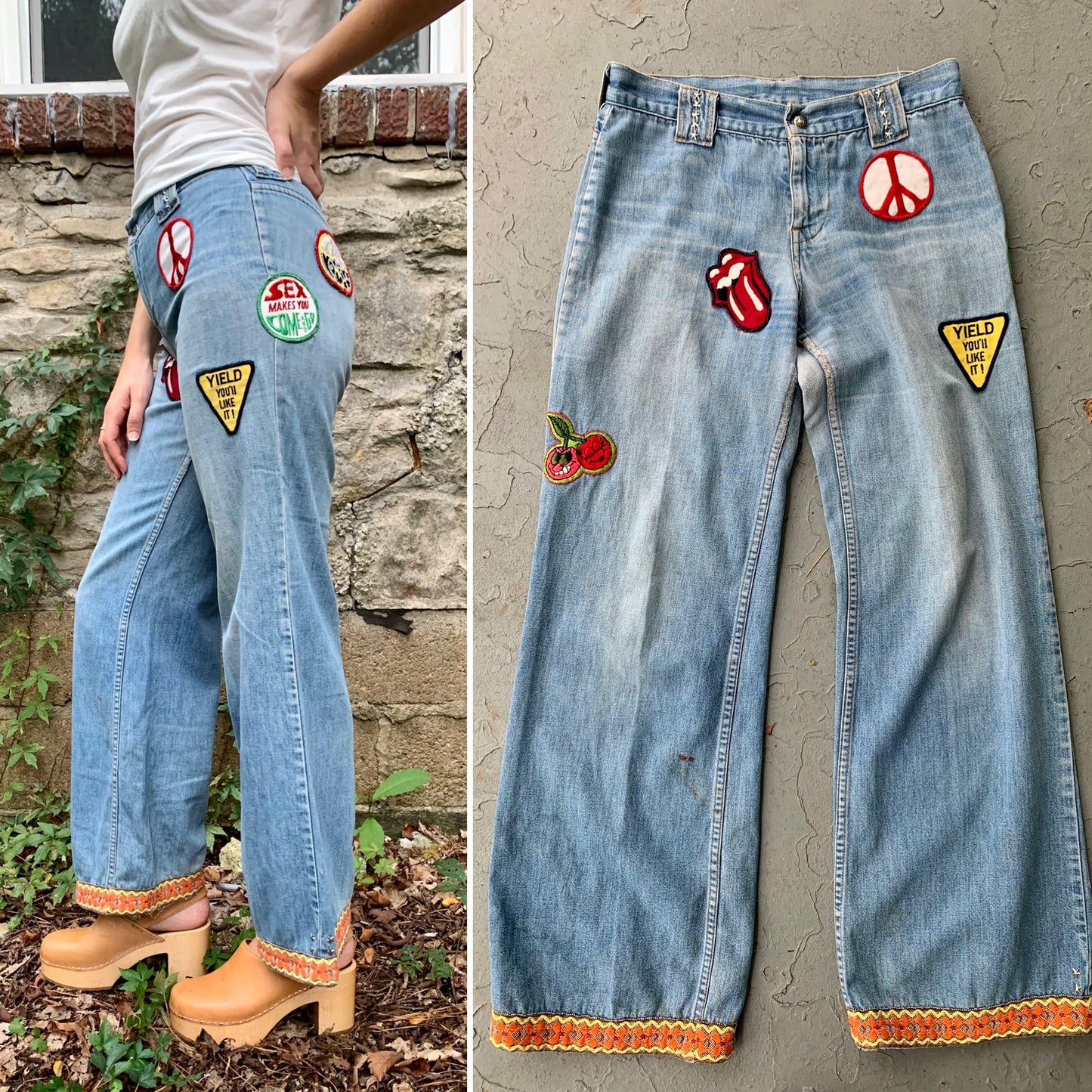 1960s Embroidered & Patched Flare Jeans 28x30 (women's 2/4)