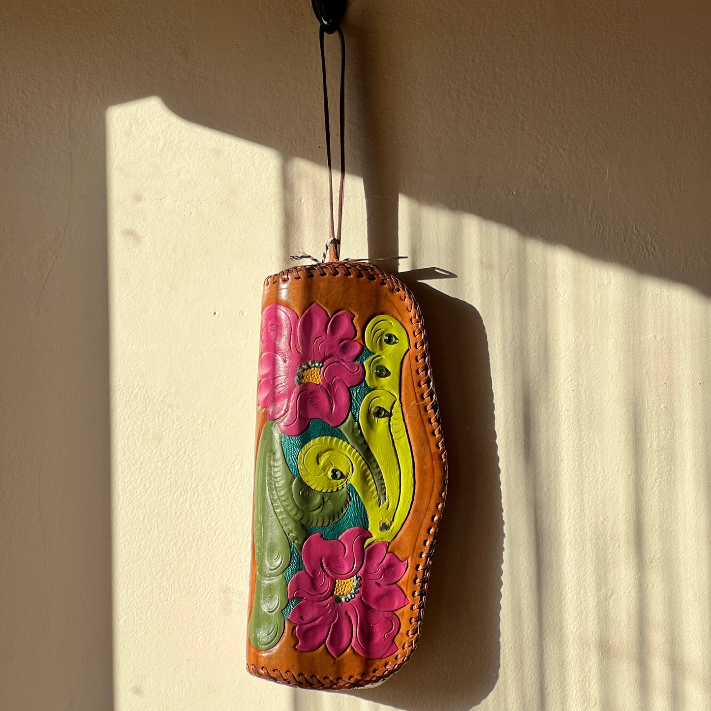 Tooled Leather Floral Painted Wristlet w/Rhinestones