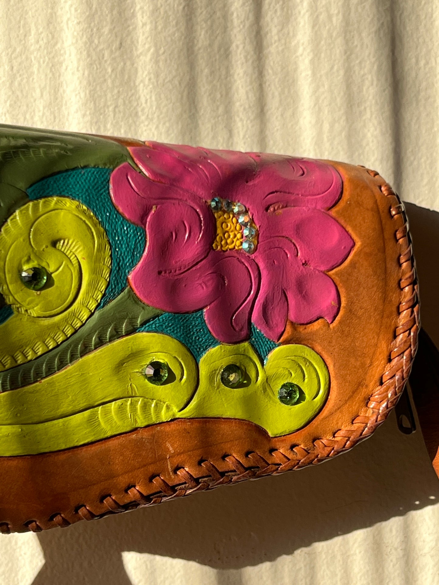 Tooled Leather Floral Painted Wristlet w/Rhinestones