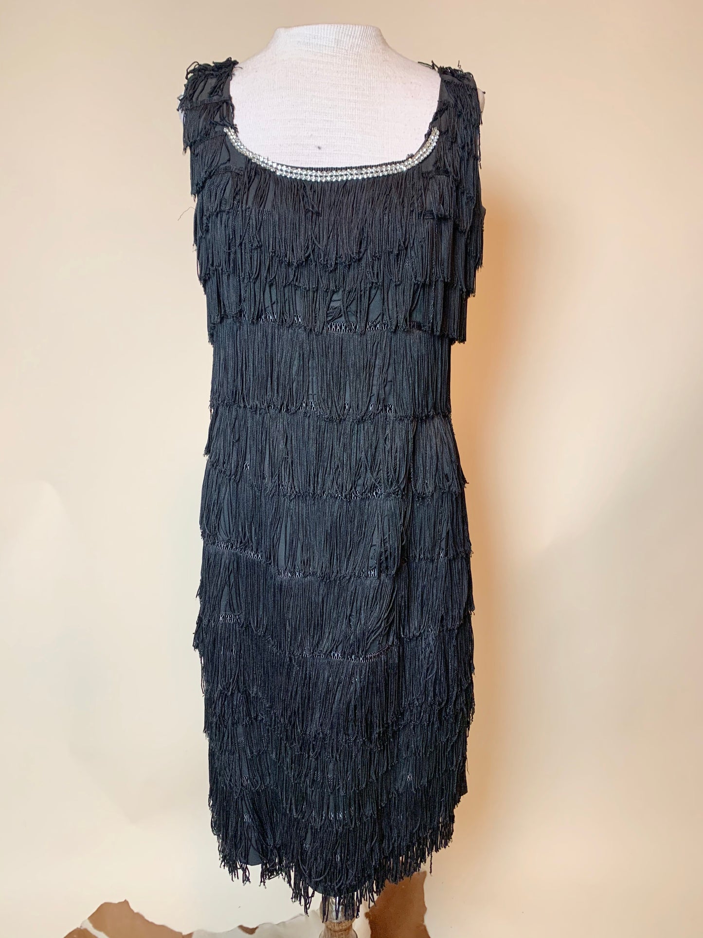 Vintage Black Fringe Bedazzled Flapper Dress (L)