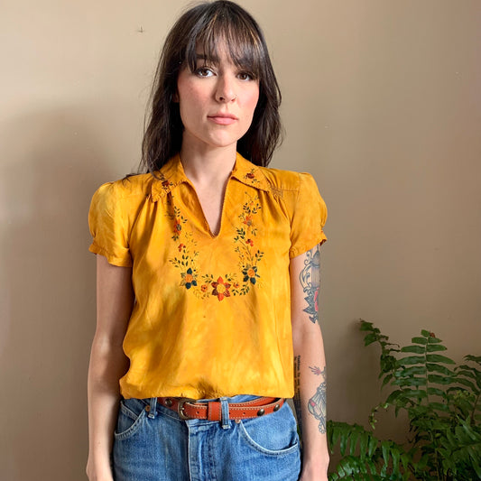 1930s Marigold Silk Hungarian Embroidered Blouse -as is- (XS)