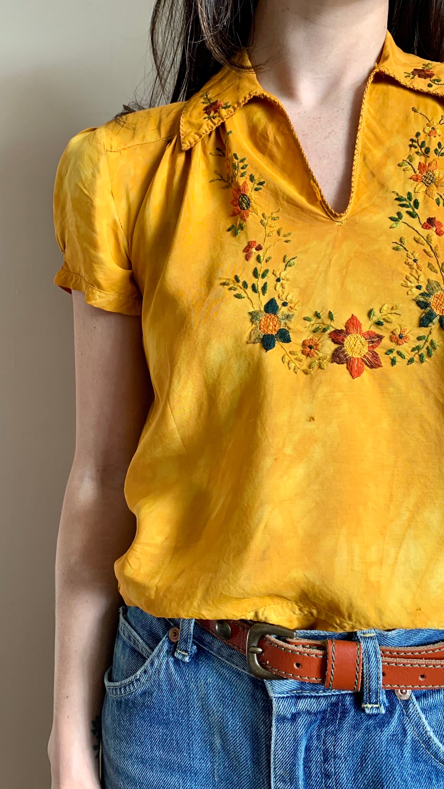 1930s Marigold Silk Hungarian Embroidered Blouse -as is- (XS)