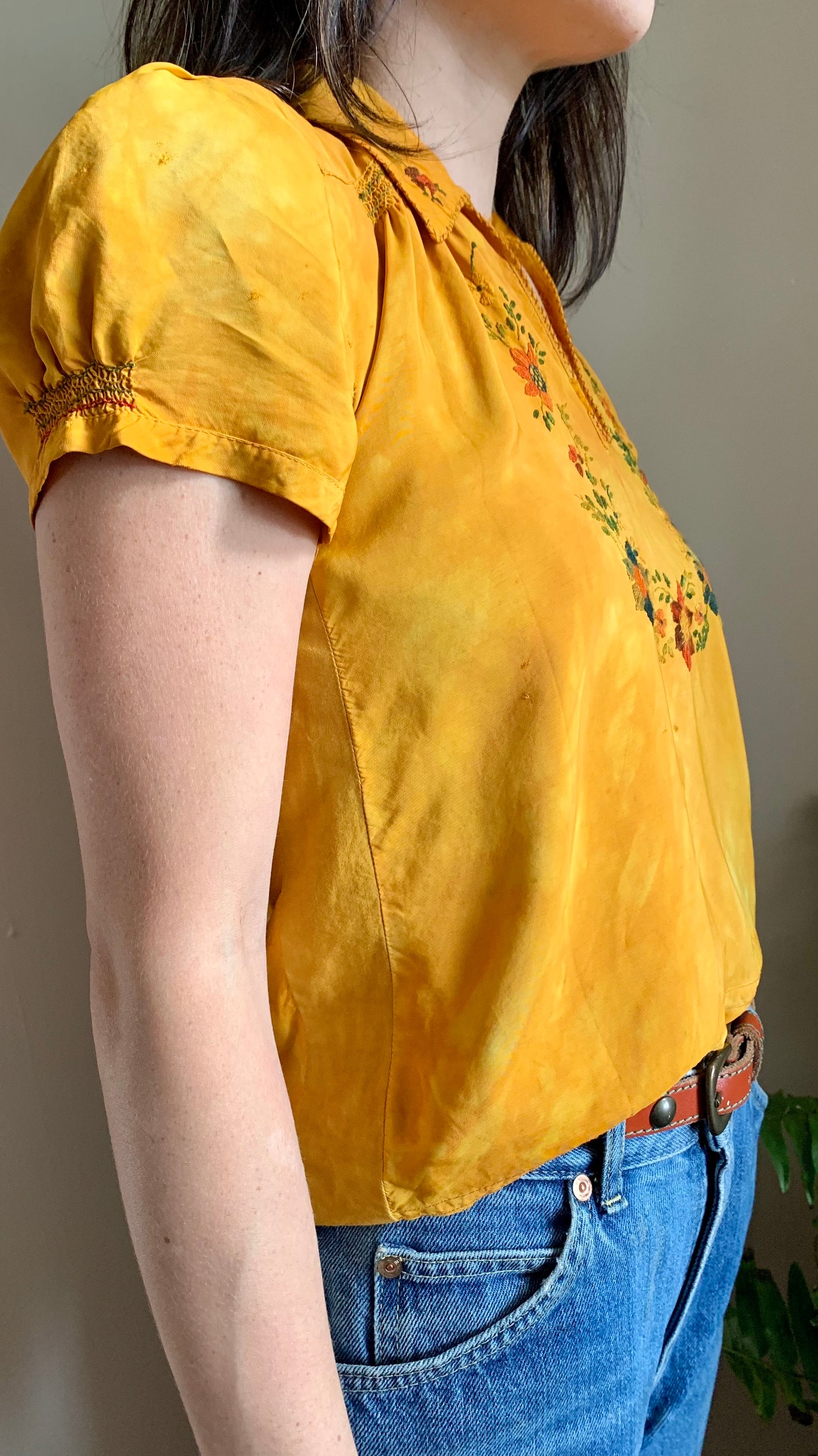 1930s Marigold Silk Hungarian Embroidered Blouse -as is- (XS)