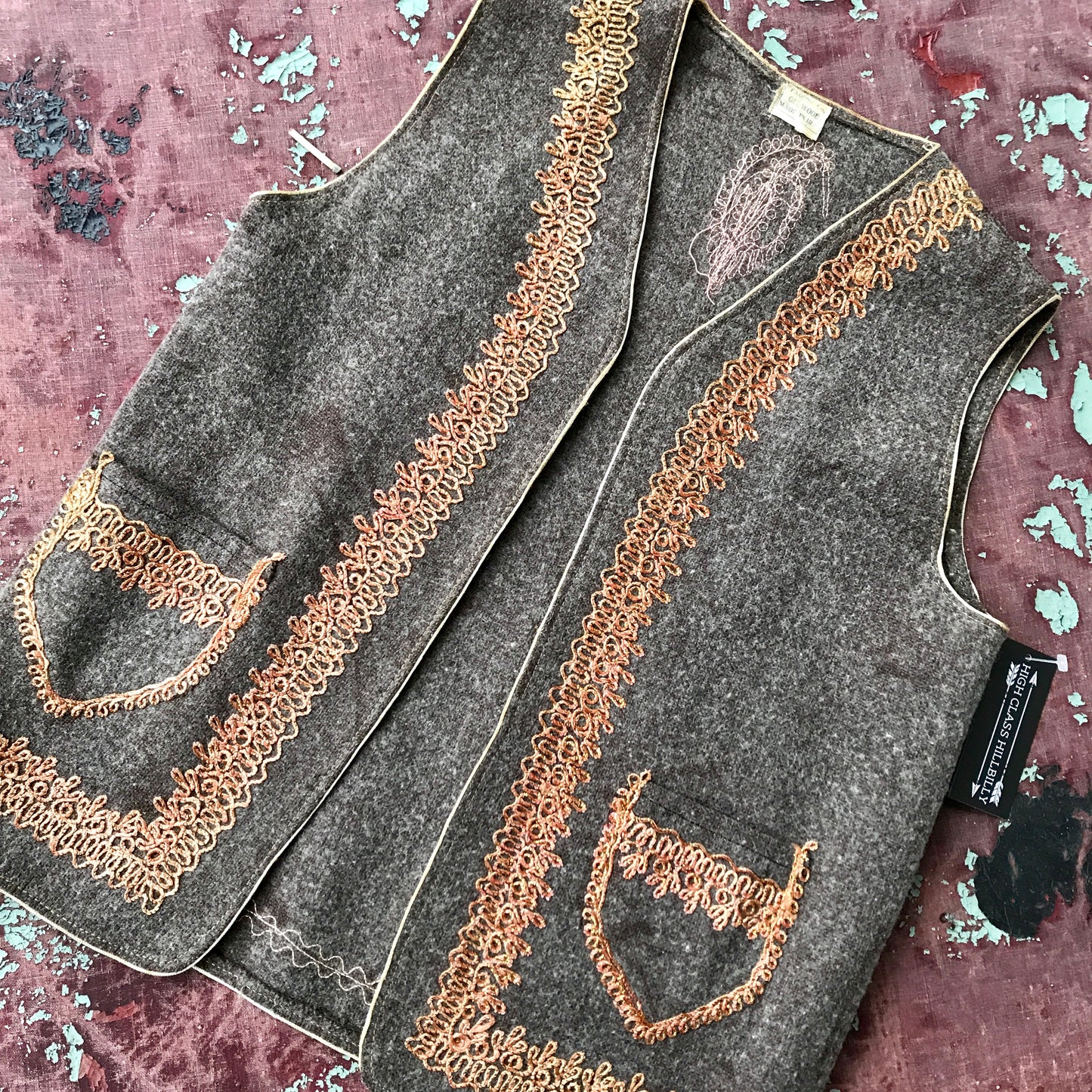 Vintage Iranian Wool Vest with Gold Embroidery (M)