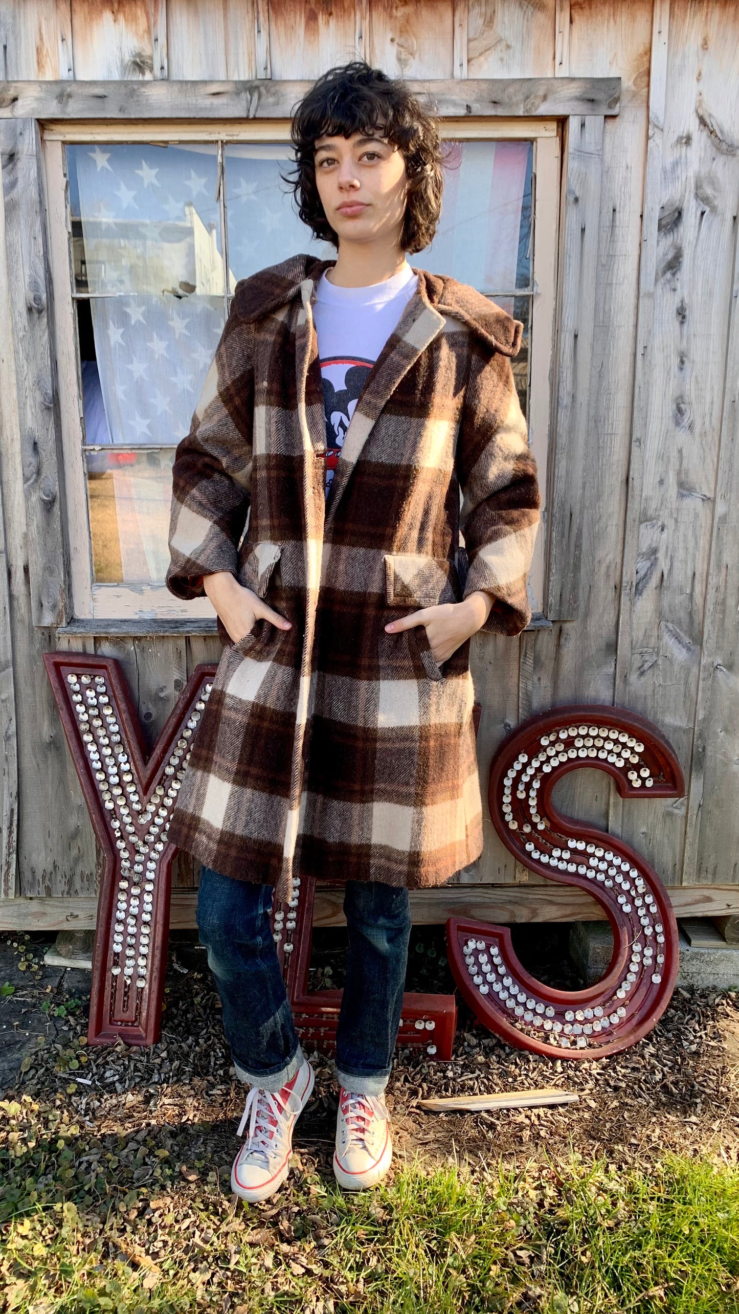 1960s Brown Plaid Wool Coat (S)