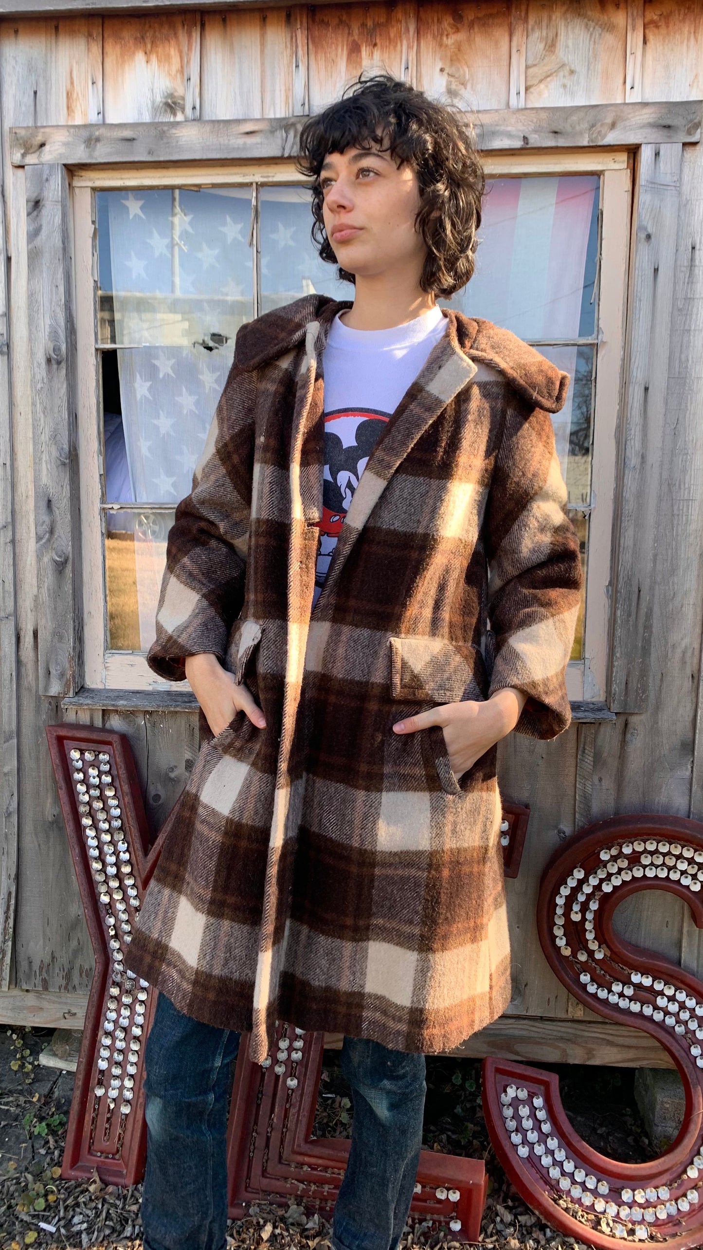 1960s Brown Plaid Wool Coat (S)