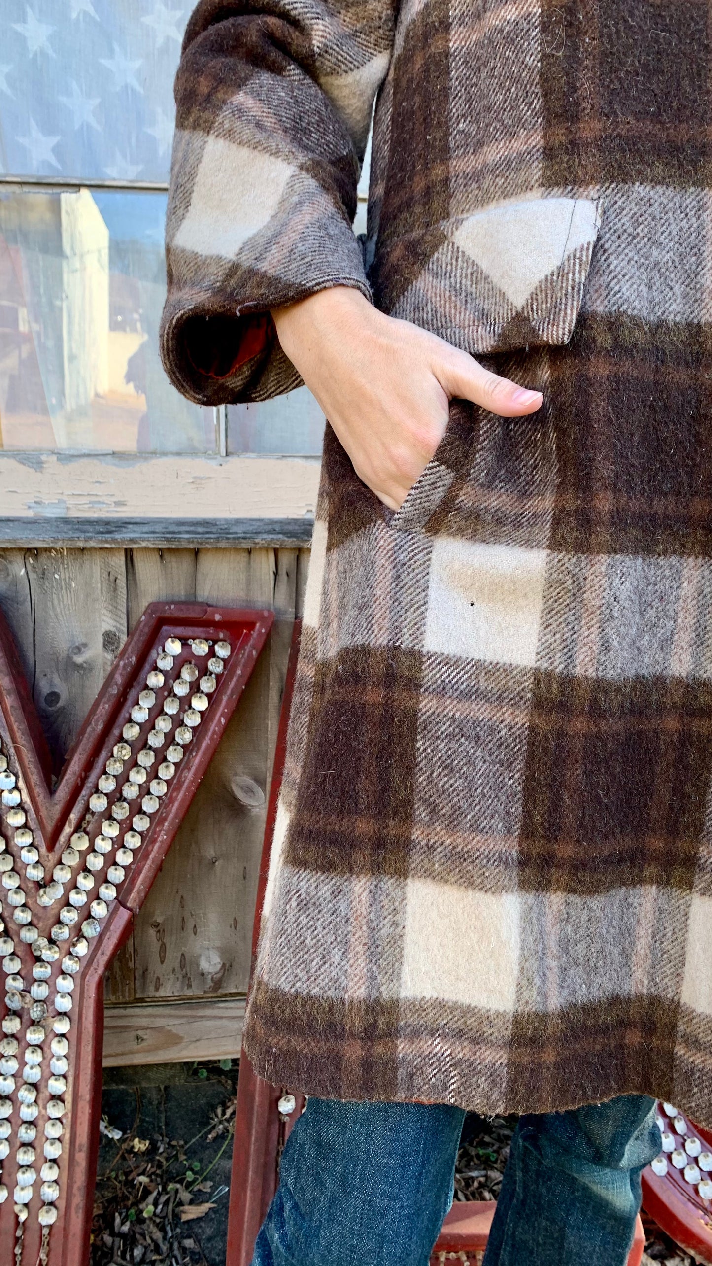 1960s Brown Plaid Wool Coat (S)