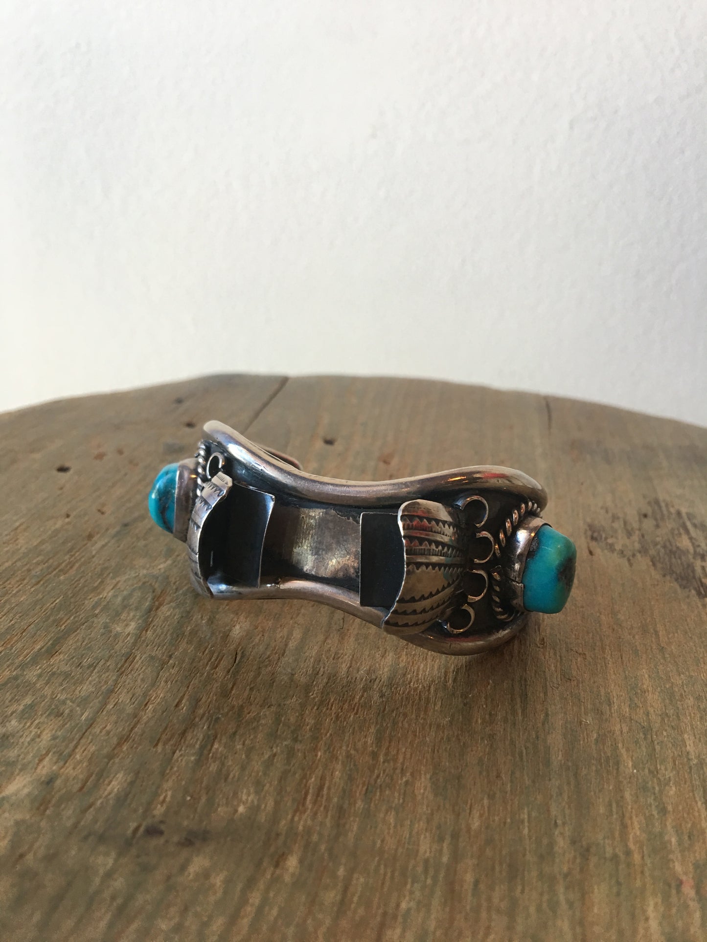 1970s Ladies Sterling and Turquoise Etched Watch Band