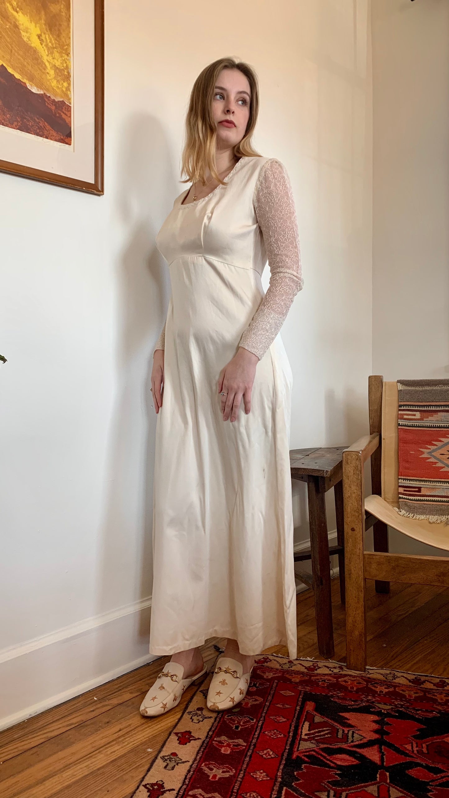 1970s Handmade Ecru Silk Wedding Dress (size 4)