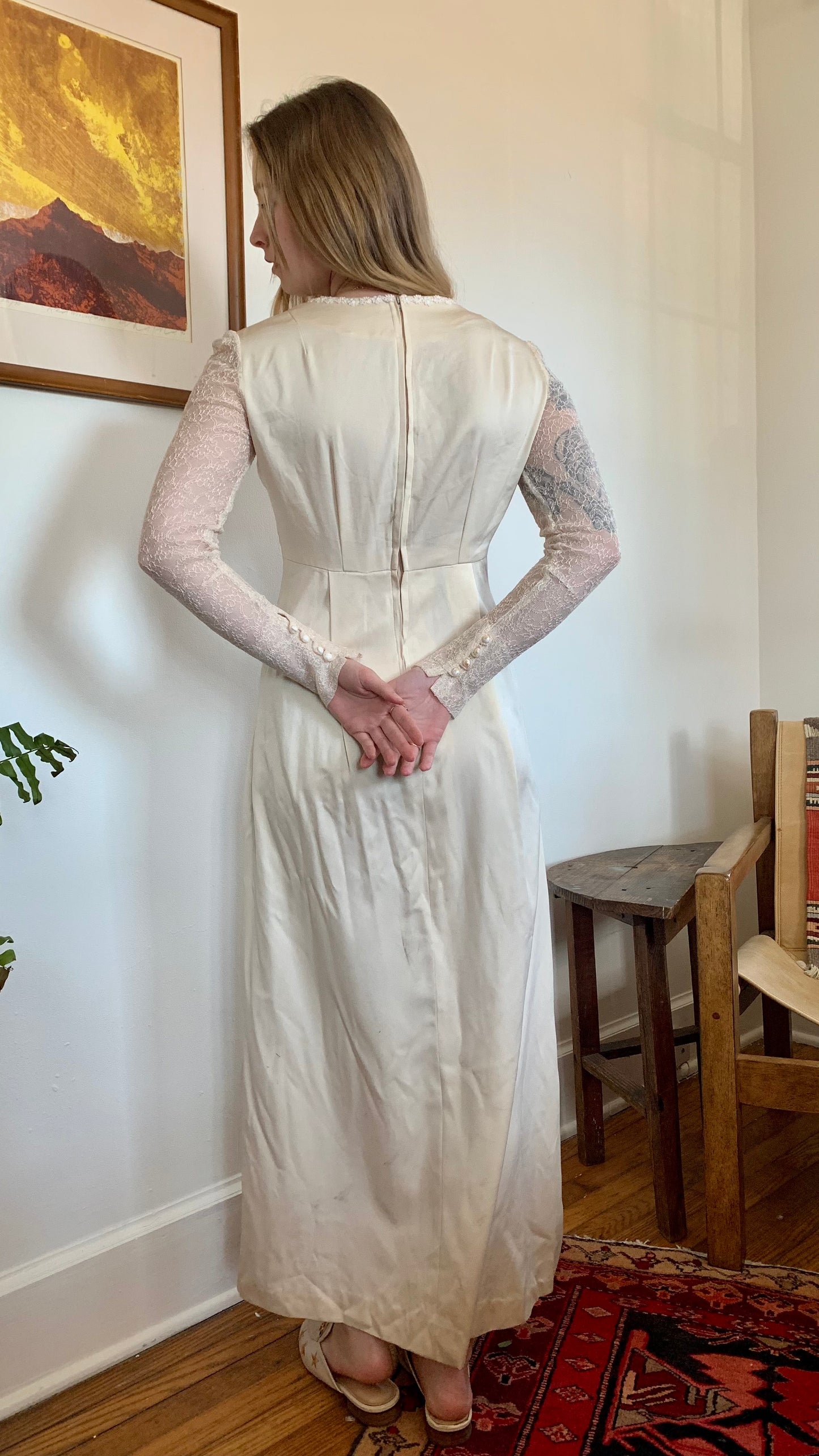 1970s Handmade Ecru Silk Wedding Dress (size 4)