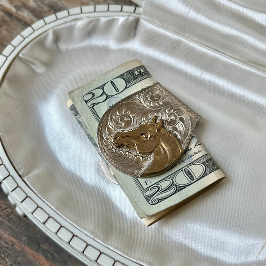 Vtg. Silver Plated Etched Stallion Money Clip