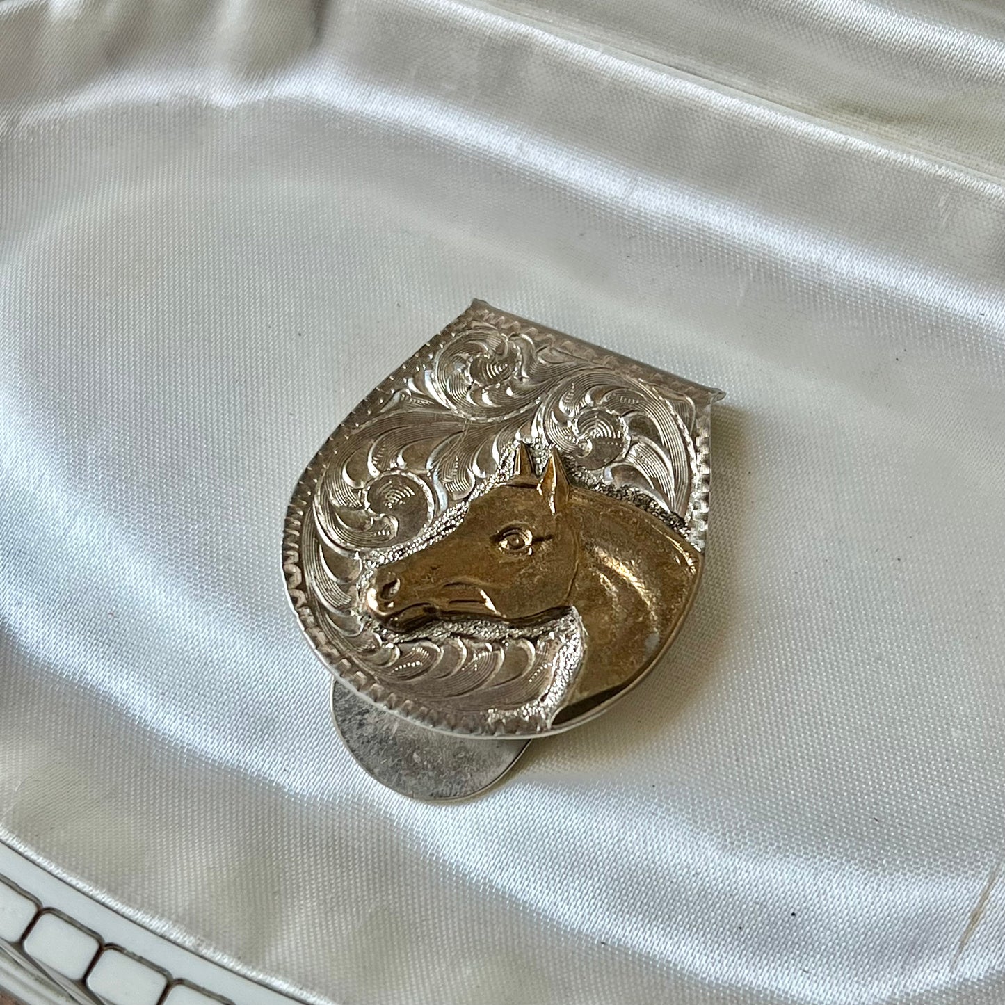 Vtg. Silver Plated Etched Stallion Money Clip