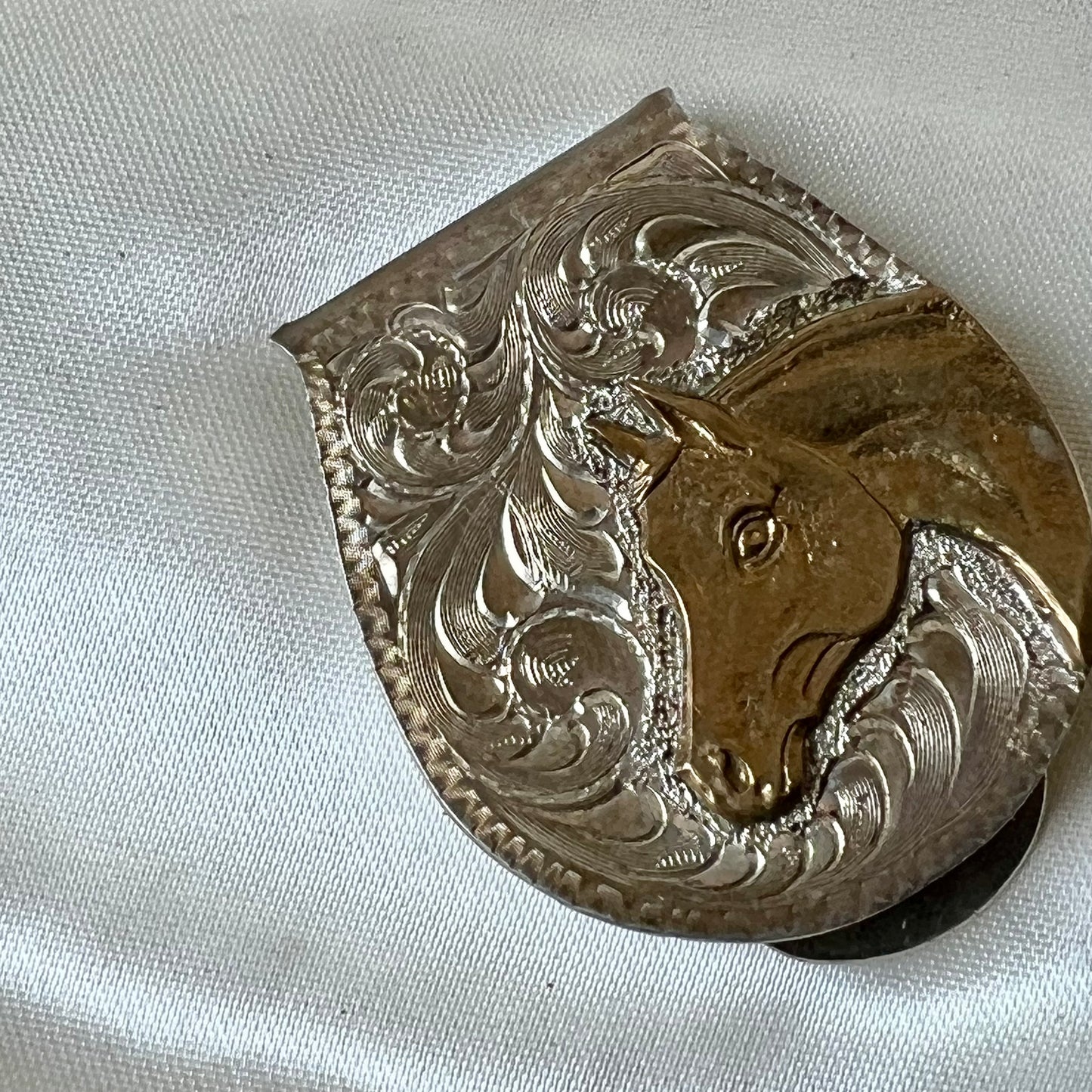 Vtg. Silver Plated Etched Stallion Money Clip