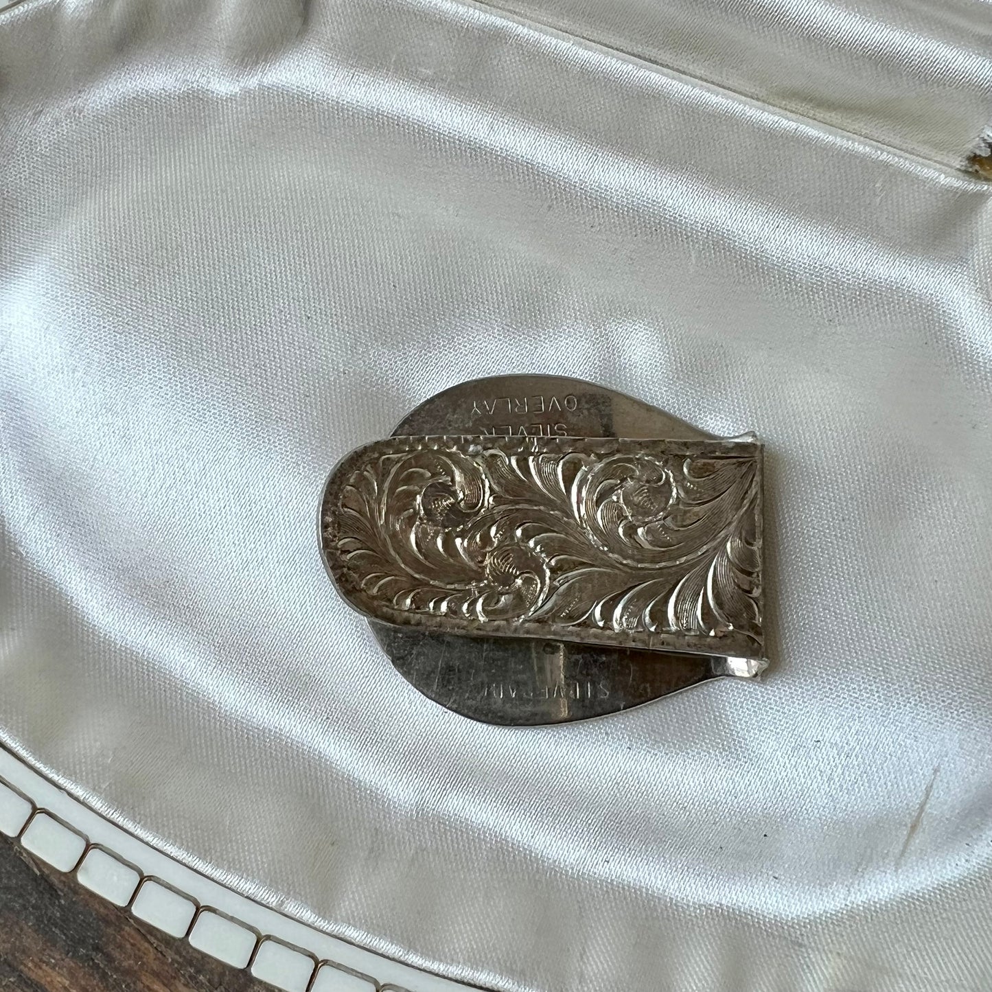 Vtg. Silver Plated Etched Stallion Money Clip