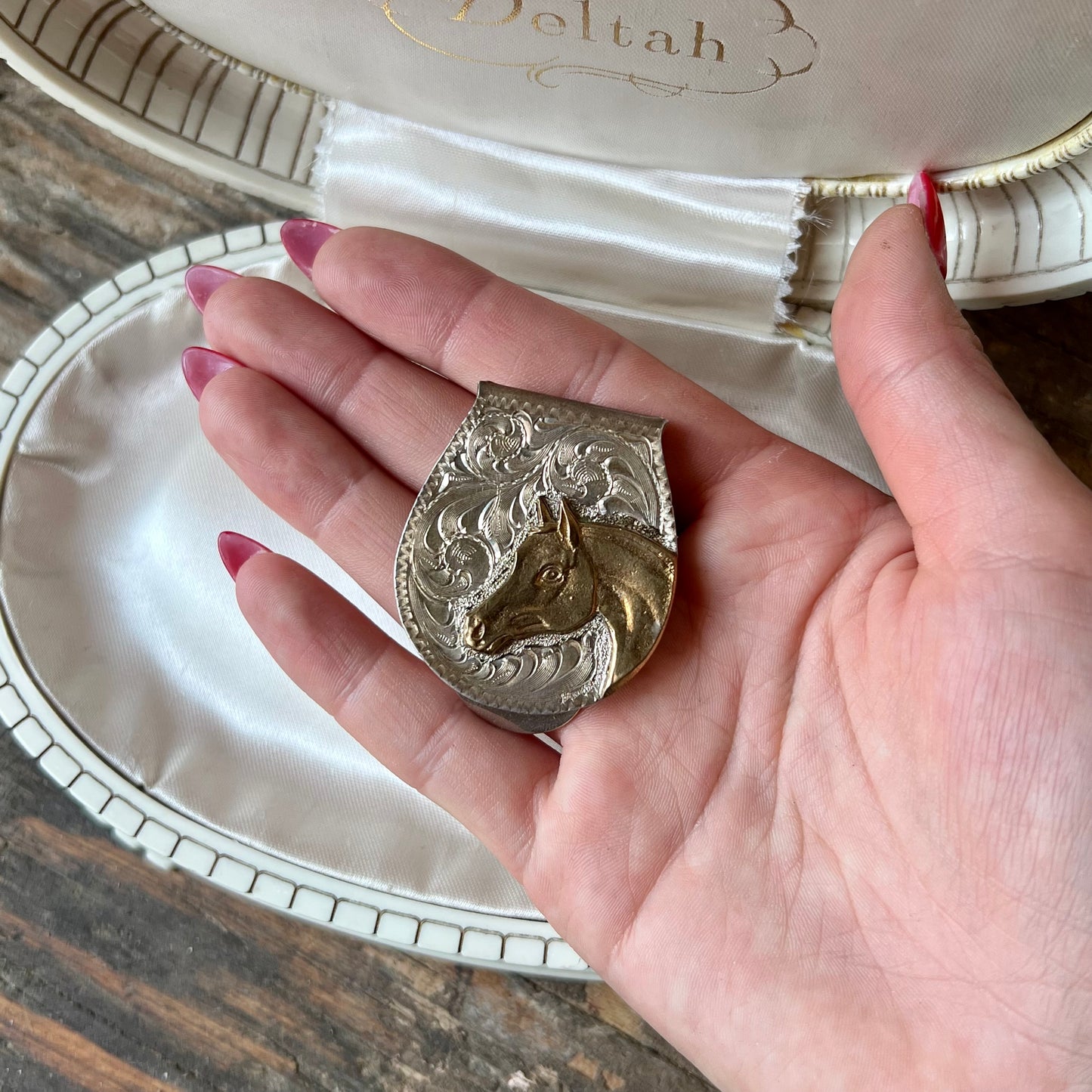 Vtg. Silver Plated Etched Stallion Money Clip