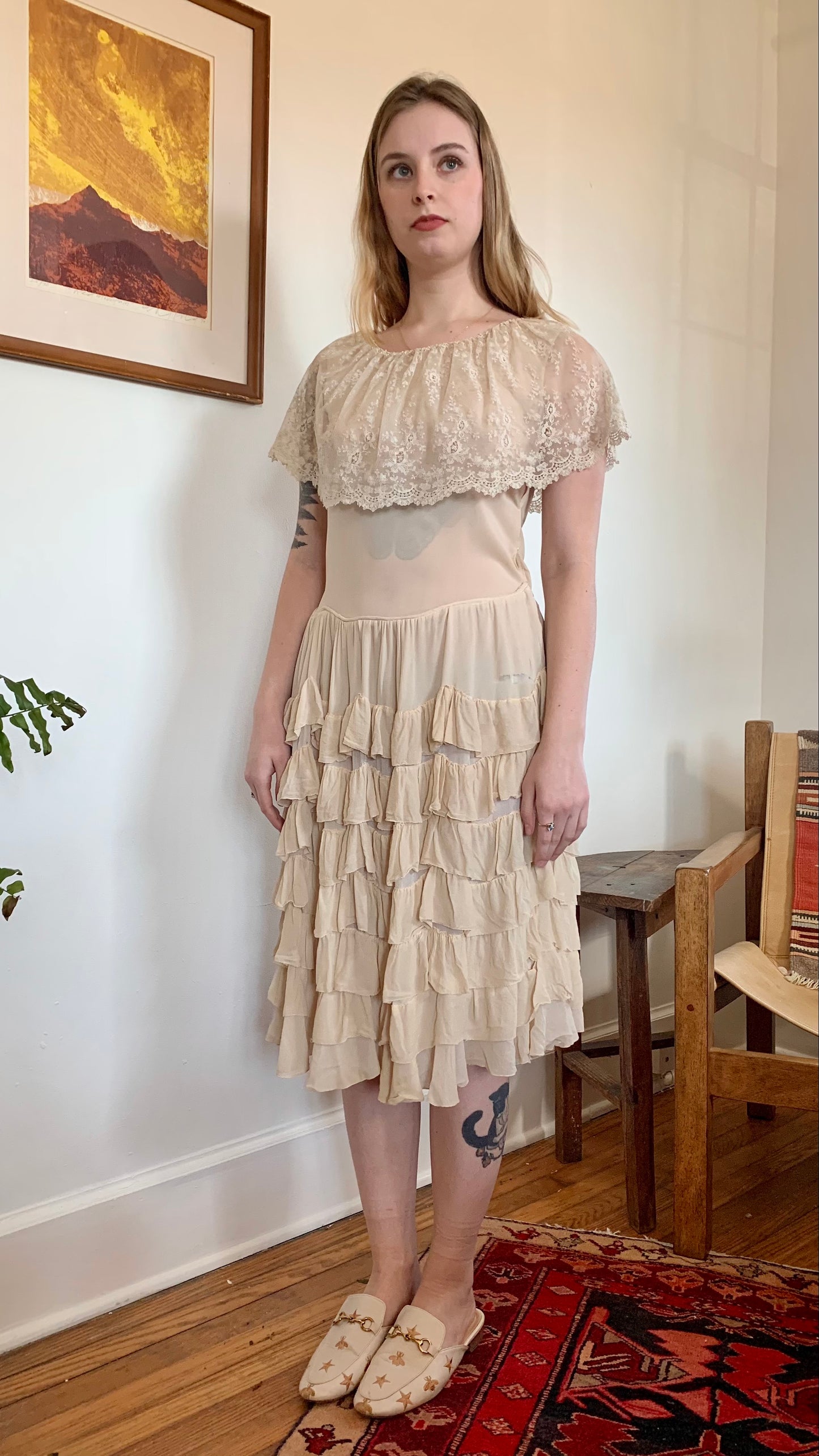 1930s Ivory Ruffle Silk Dress (women's 2/4)