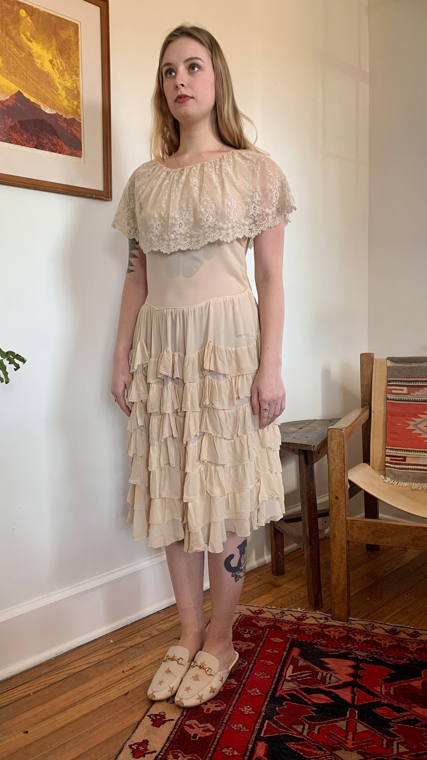 1930s Ivory Ruffle Silk Dress (women's 2/4)