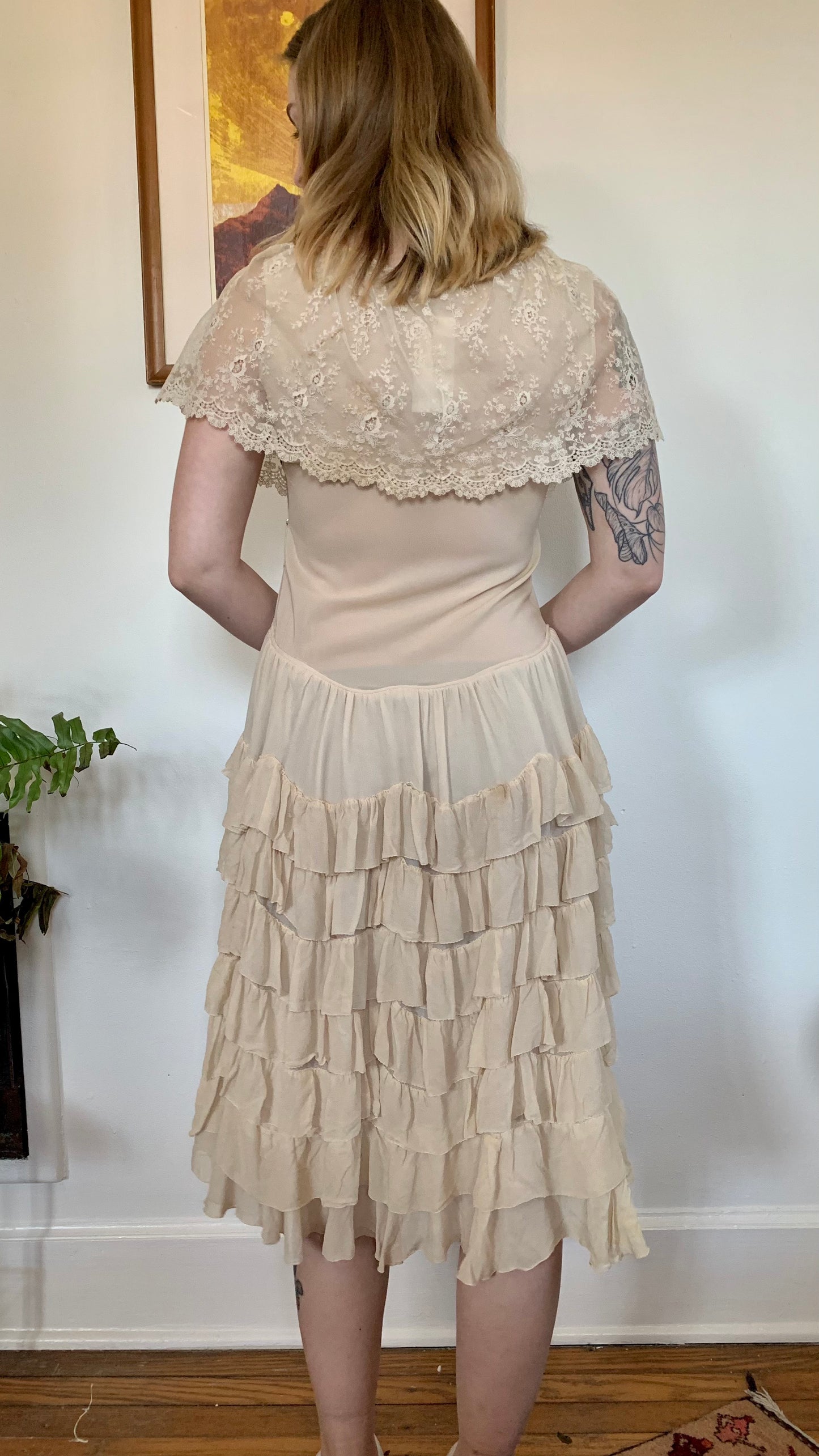 1930s Ivory Ruffle Silk Dress (women's 2/4)