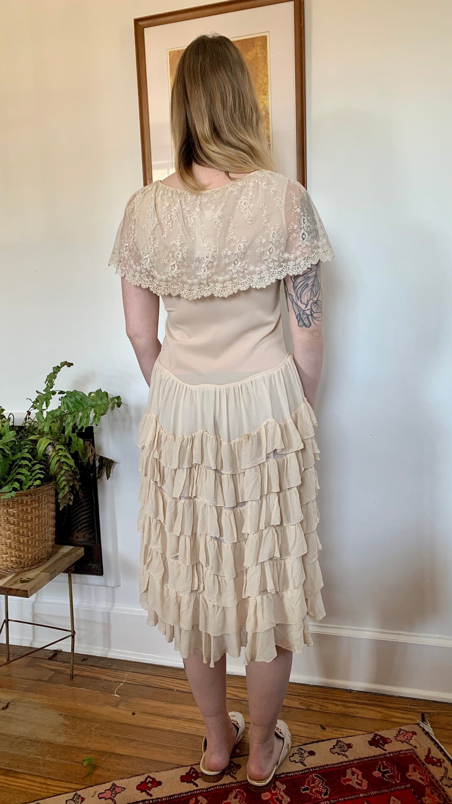 1930s Ivory Ruffle Silk Dress (women's 2/4)