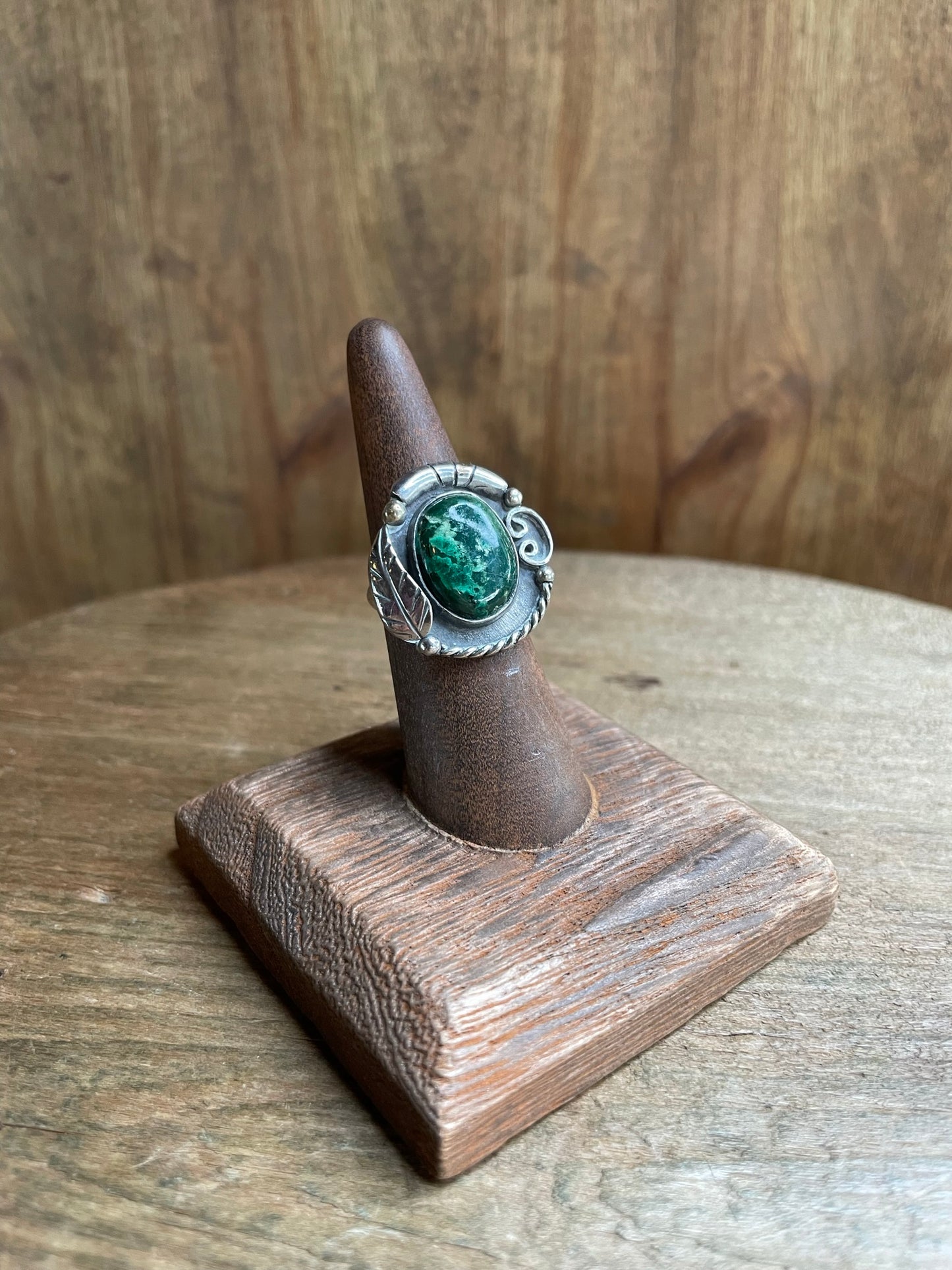 Sterling Silver Jadeite Stone Ring with Feather Detail