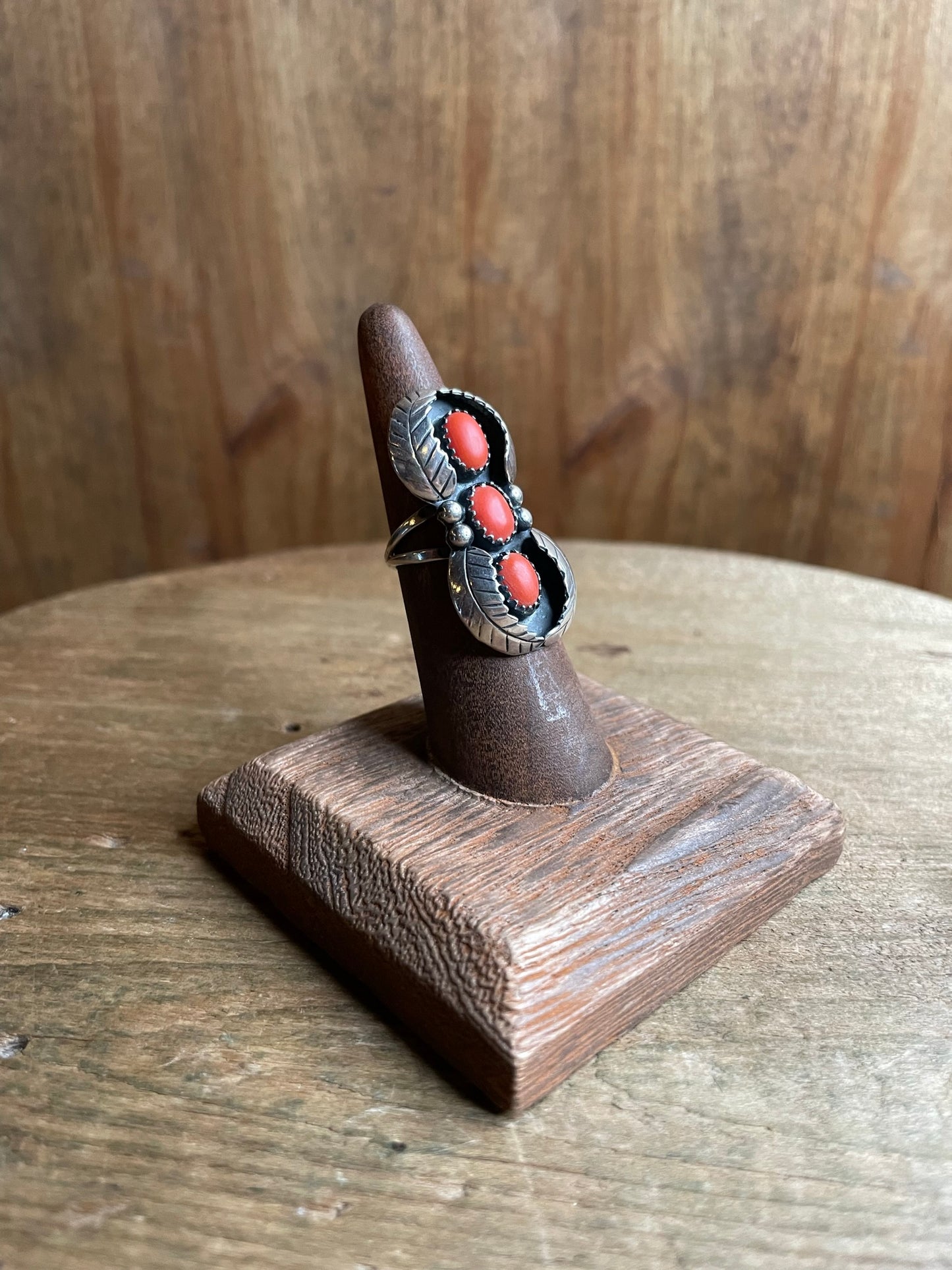 Sterling & Coral Ring w/ Feather Accents