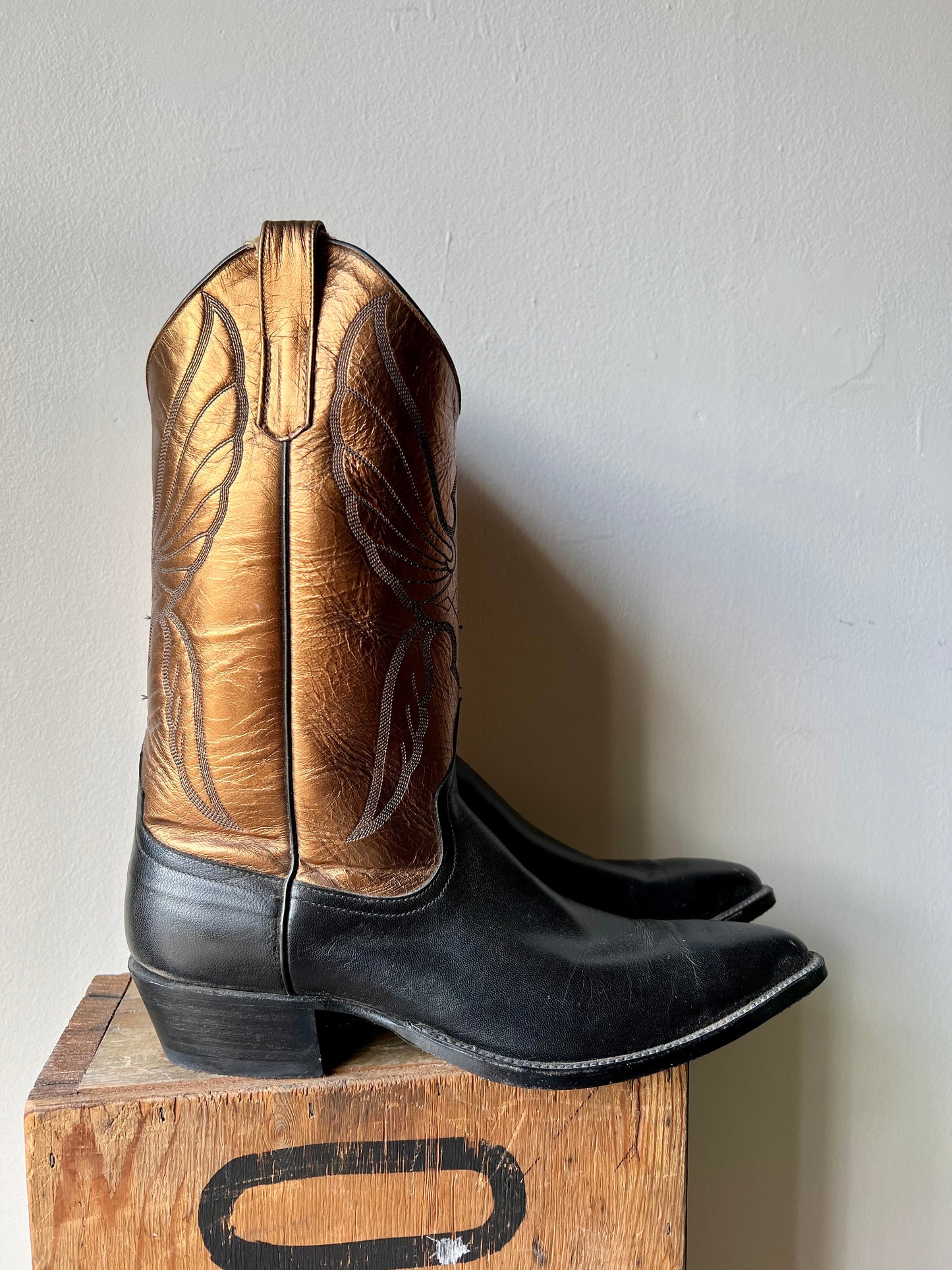 Vintage Anderson Bean Black & Bronze Metallic Cowboy Boots / men's 10