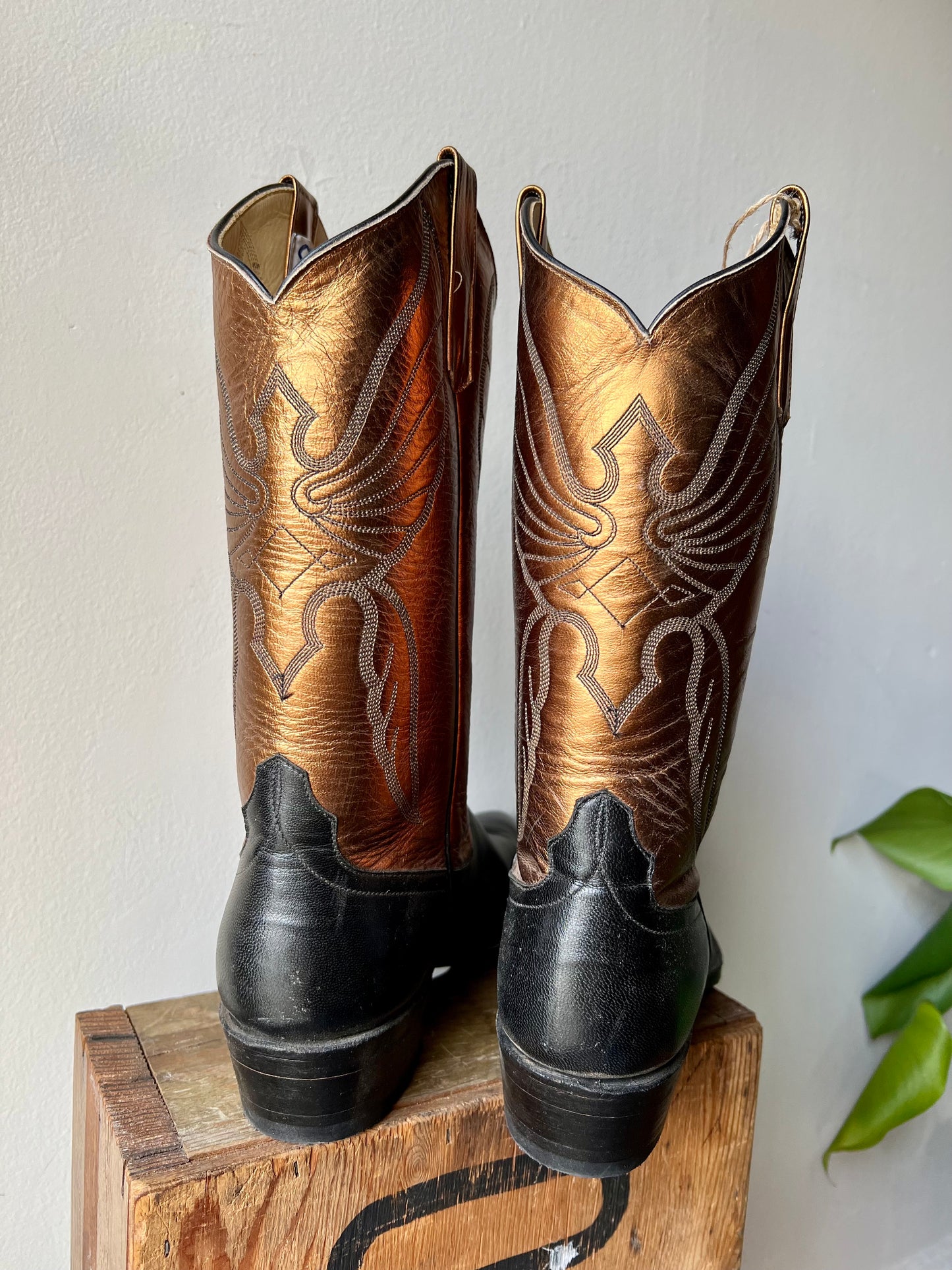 Vintage Anderson Bean Black & Bronze Metallic Cowboy Boots / men's 10