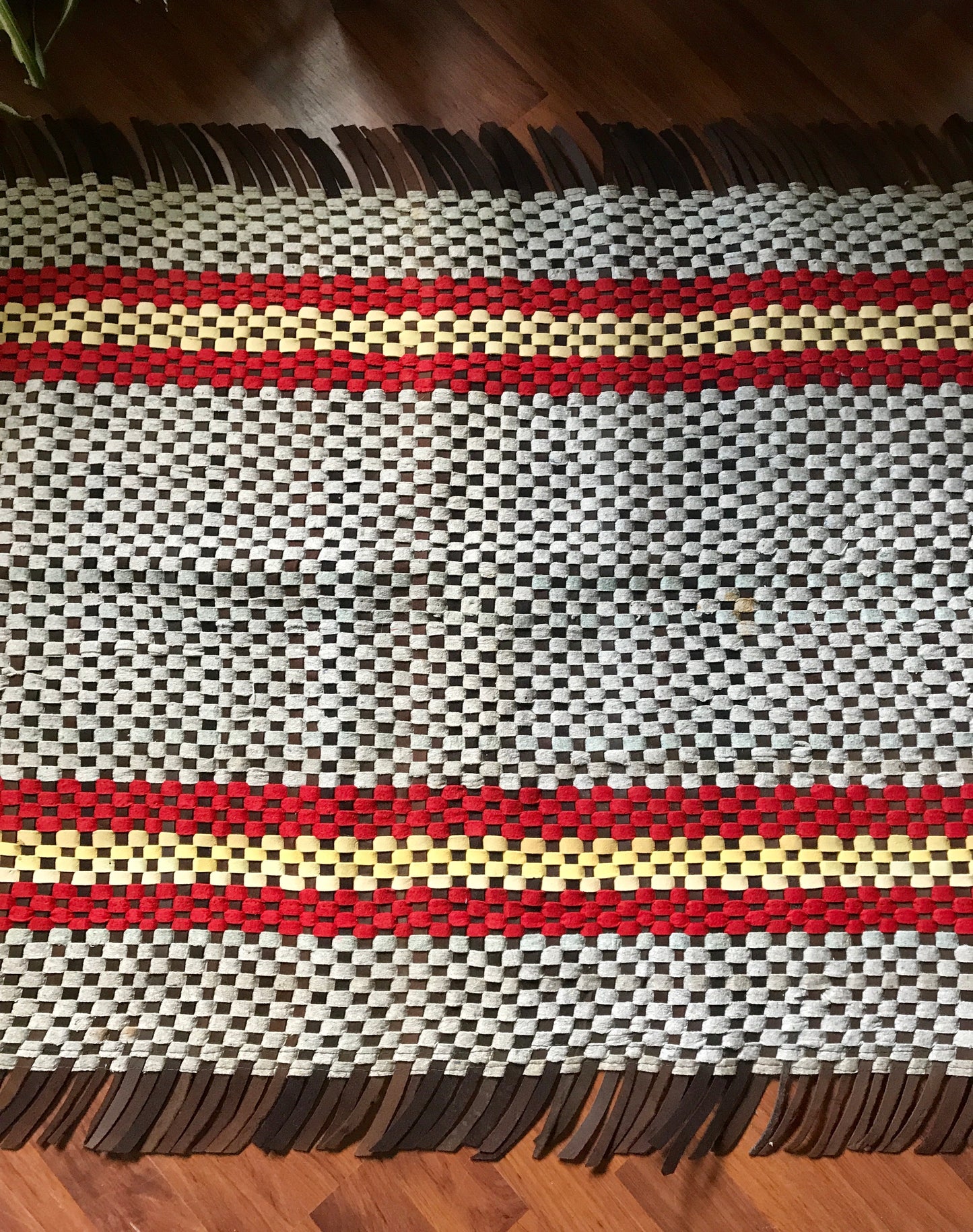 1930s Woven Brown, Cream and Yellow Felt Rug 75"x34"