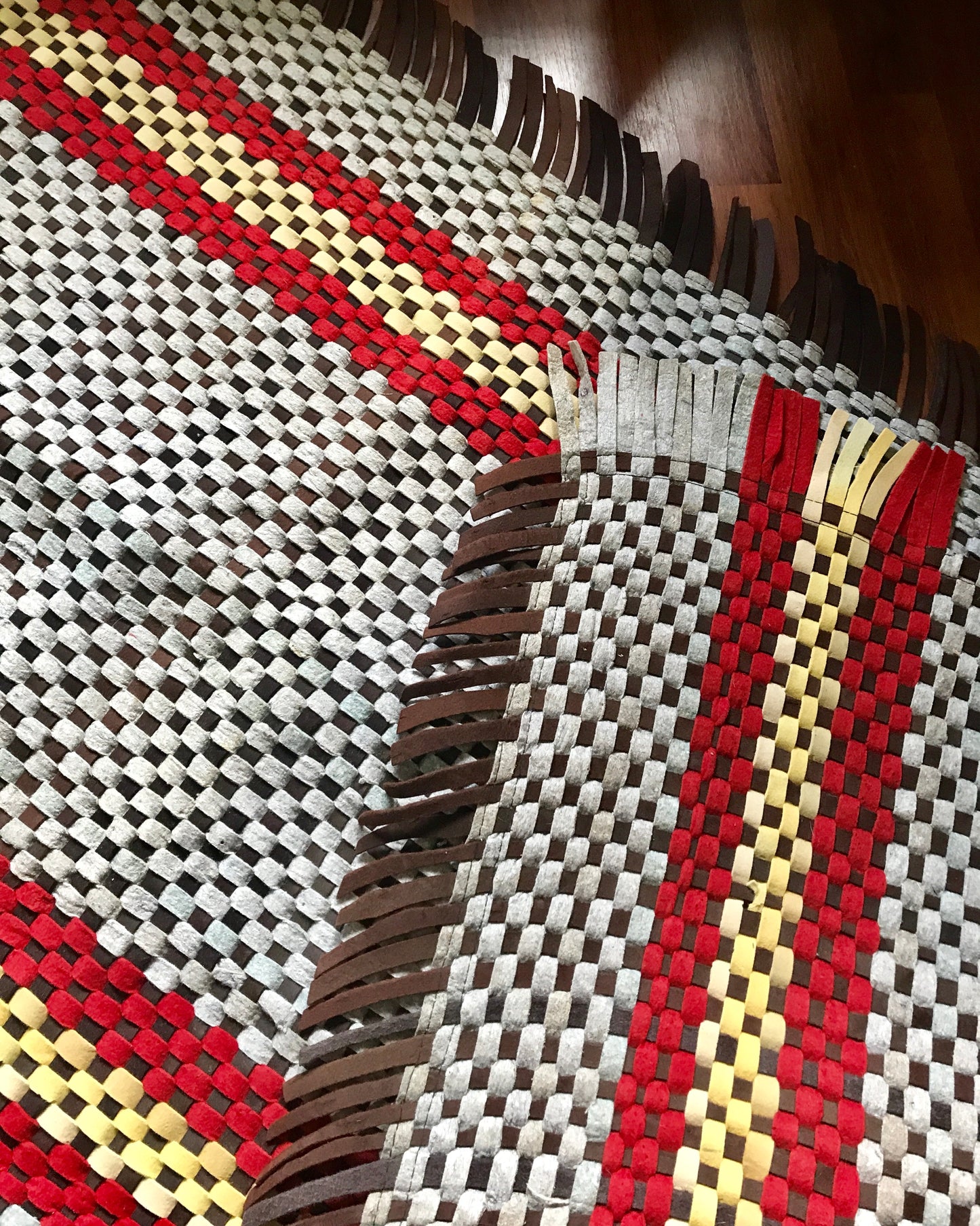 1930s Woven Brown, Cream and Yellow Felt Rug 75"x34"
