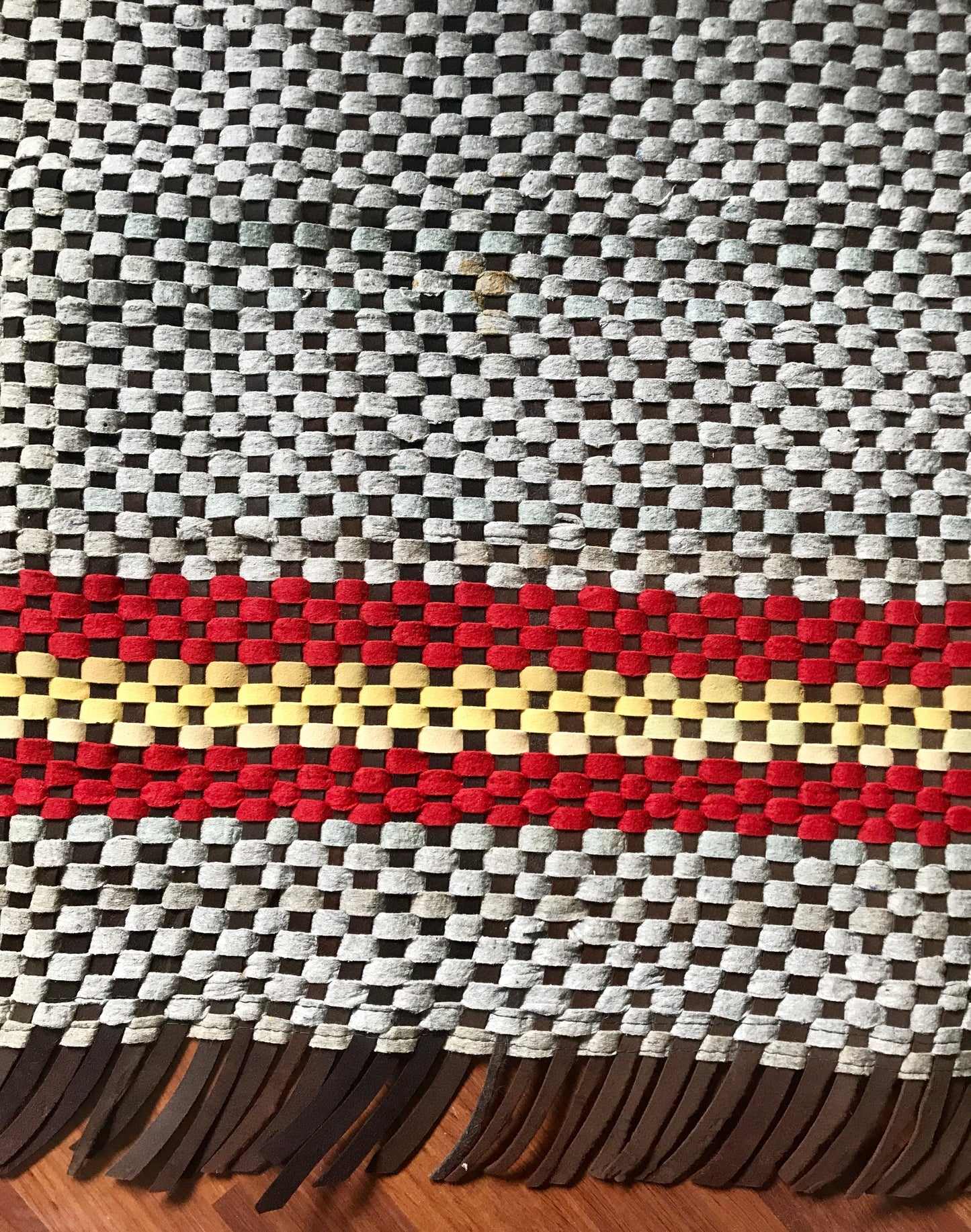 1930s Woven Brown, Cream and Yellow Felt Rug 75"x34"