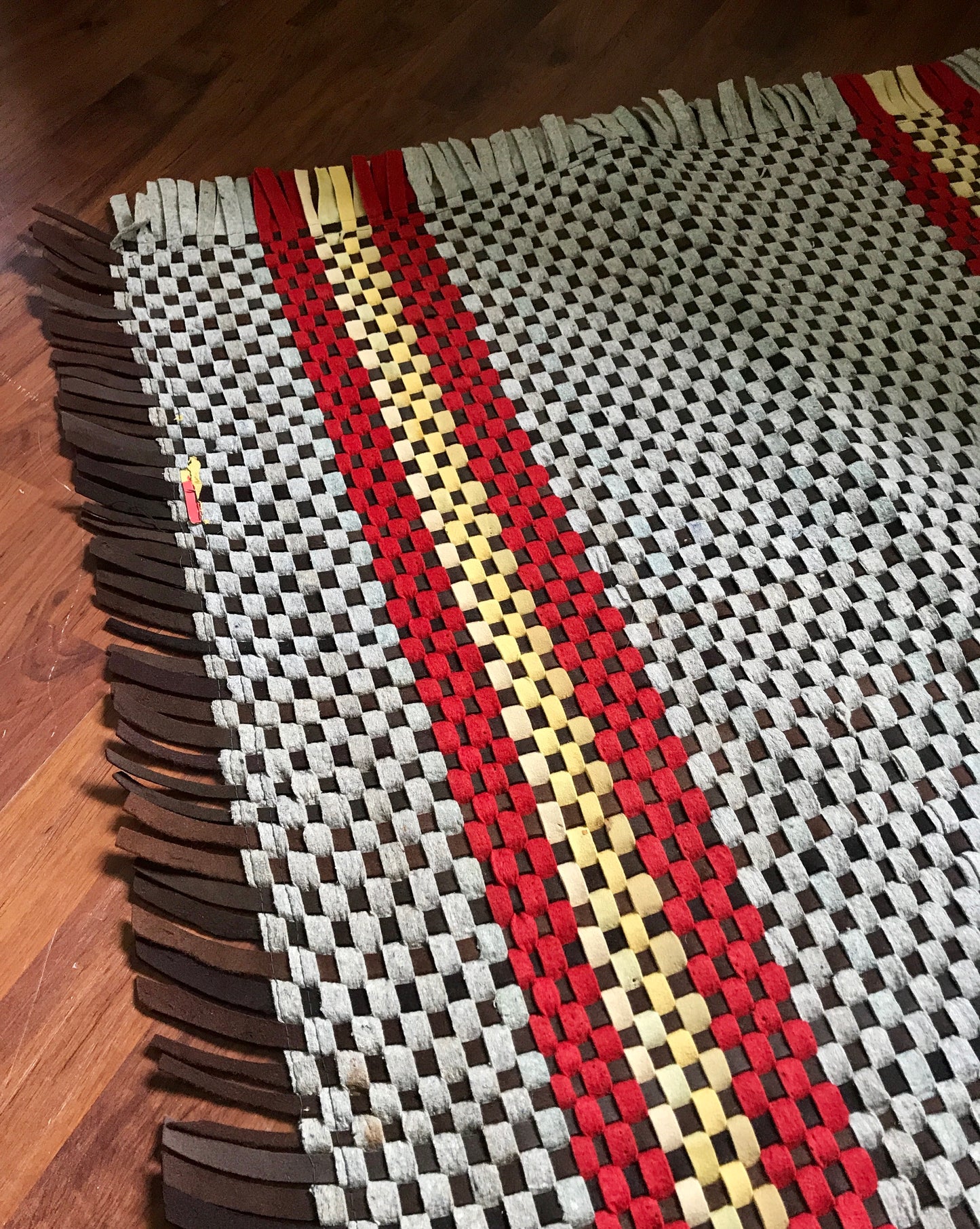 1930s Woven Brown, Cream and Yellow Felt Rug 75"x34"