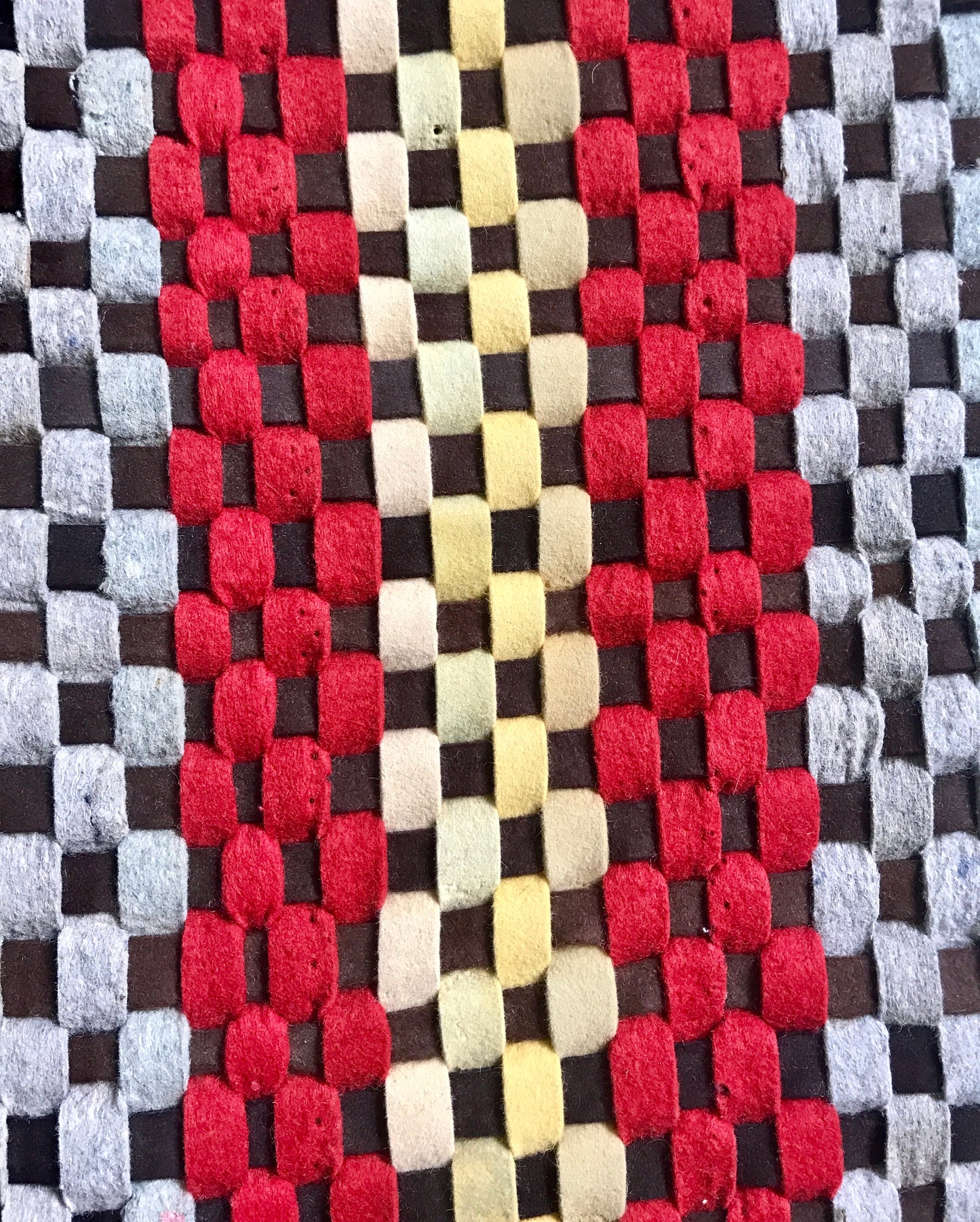 1930s Woven Brown, Cream and Yellow Felt Rug 75"x34"