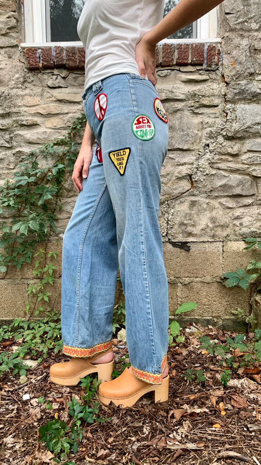 1960s Embroidered & Patched Flare Jeans 28x30 (women's 2/4)