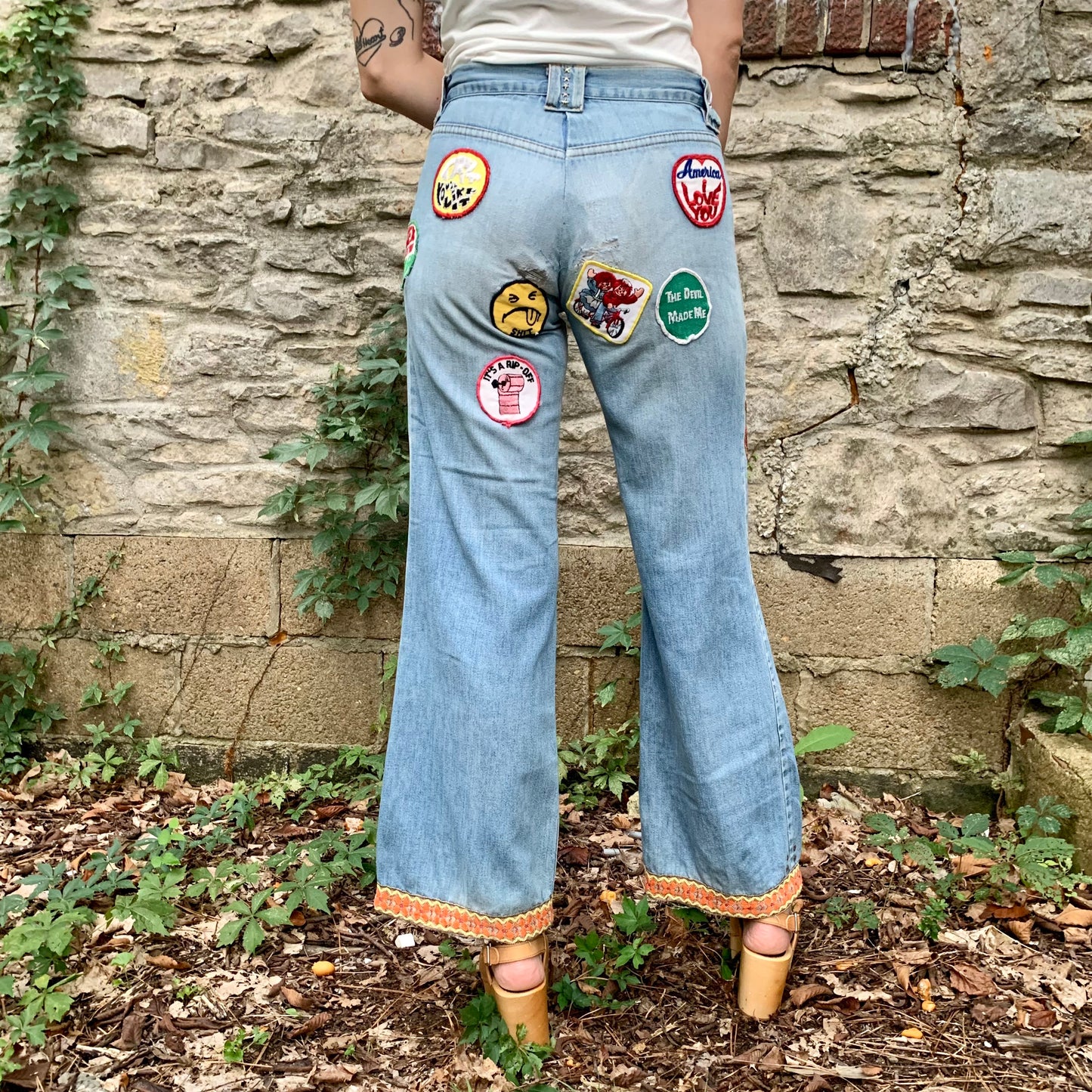 1960s Embroidered & Patched Flare Jeans 28x30 (women's 2/4)