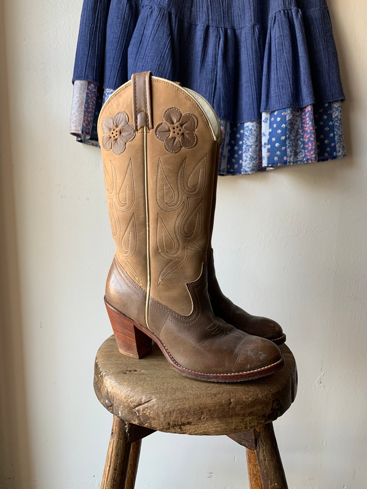 W6.5 Acme Flower Leather Western Cowboy Boots