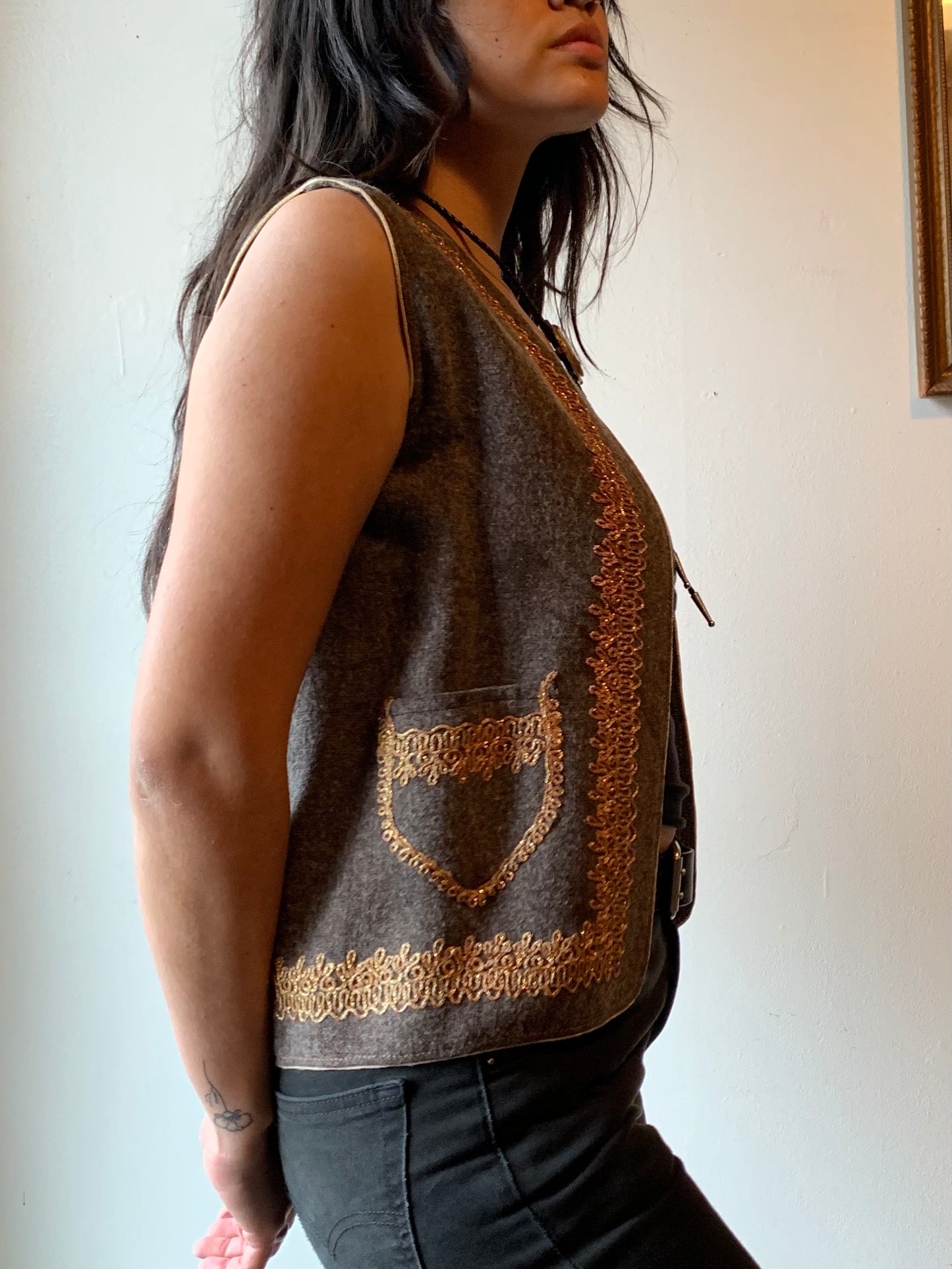 Vintage Iranian Wool Vest with Gold Embroidery (M)