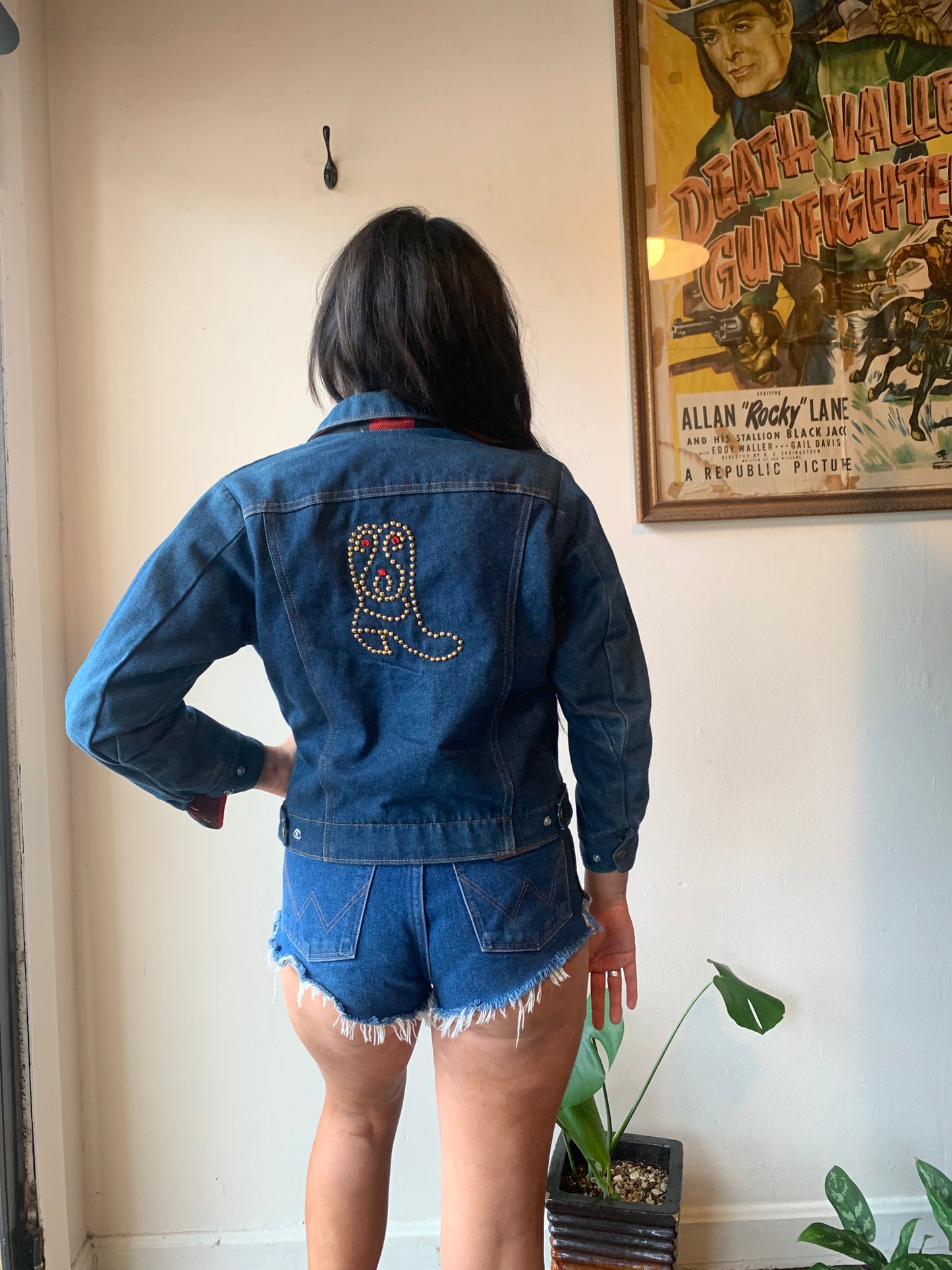 1970S Denim & Plaid Boot Bedazzled Denim Jacket (XS/S)