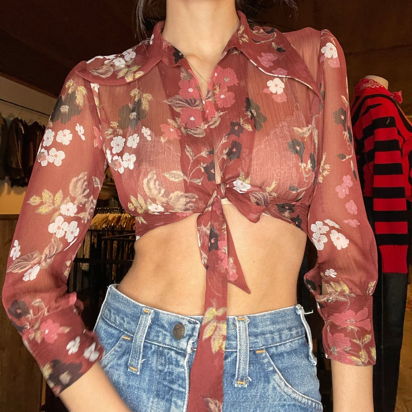 Vtg Soft Sheer Maroon Floral Tie Front Blouse (XXS/XS)