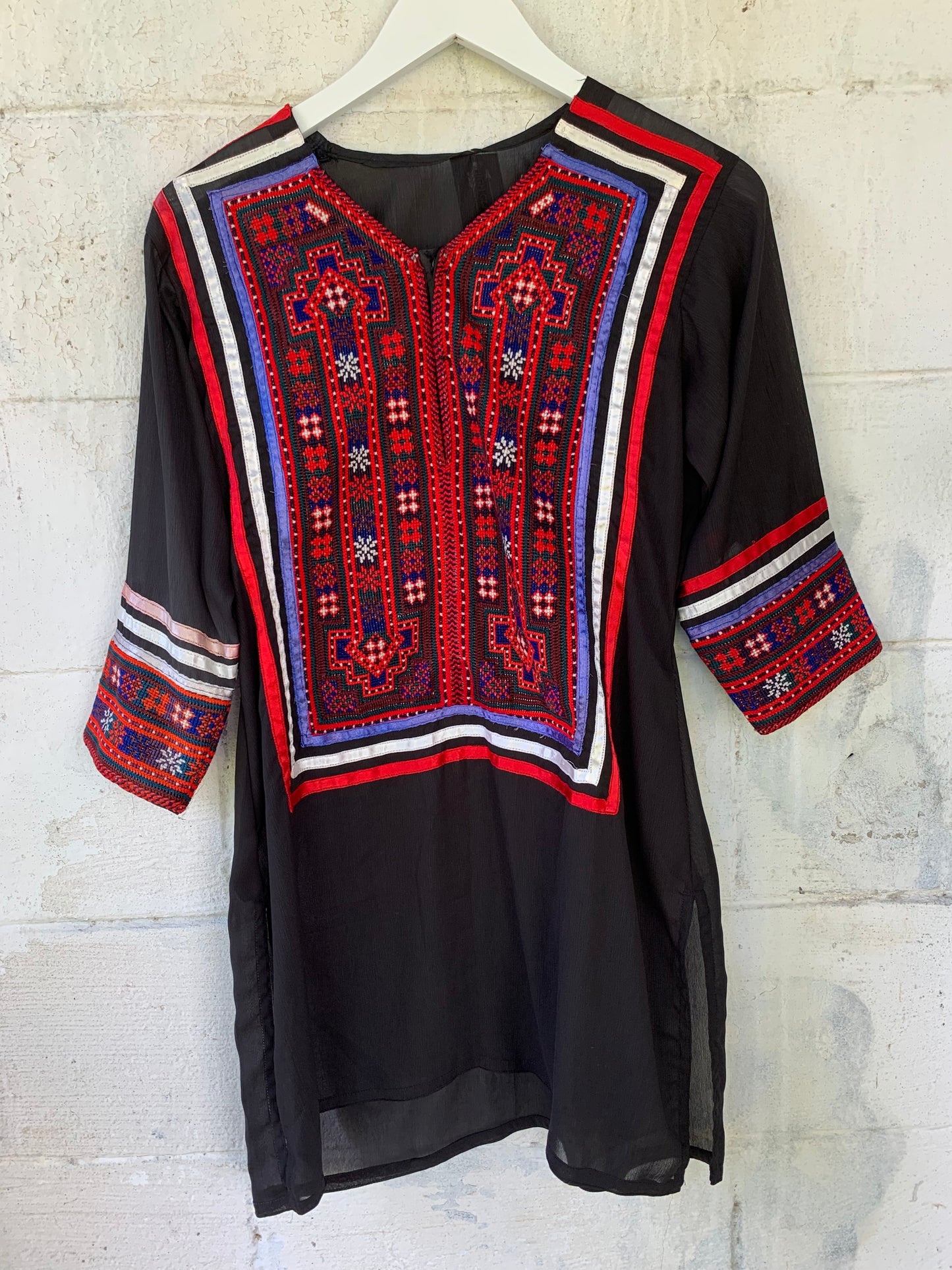 1960s Black Silk Embroidered Tunic Blouse (M)