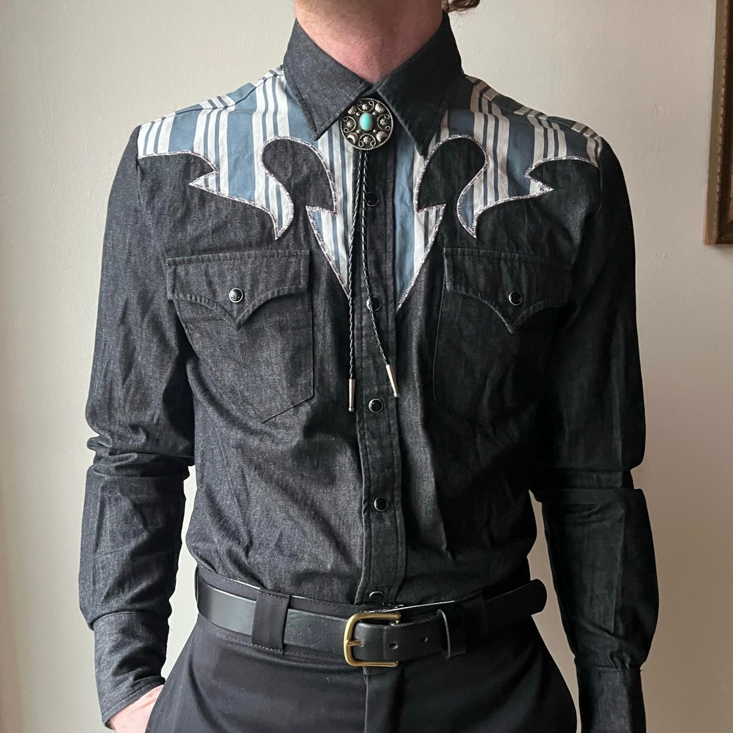 Dark Denim H Bar C Shirt w/ Stripe Appliqué (M)