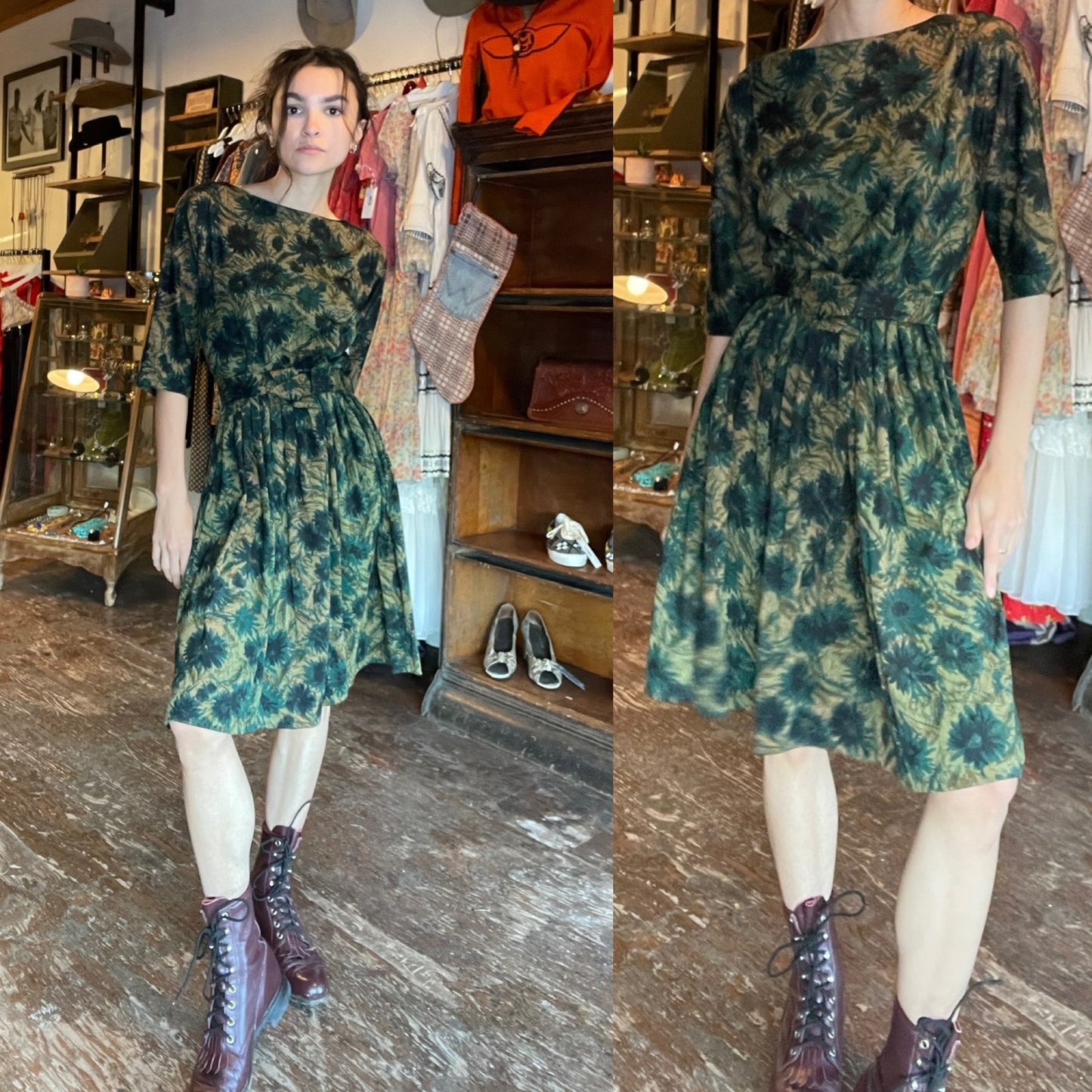 Giselle New York Dark Green Floral Button Up Dress w/ Belt (S)