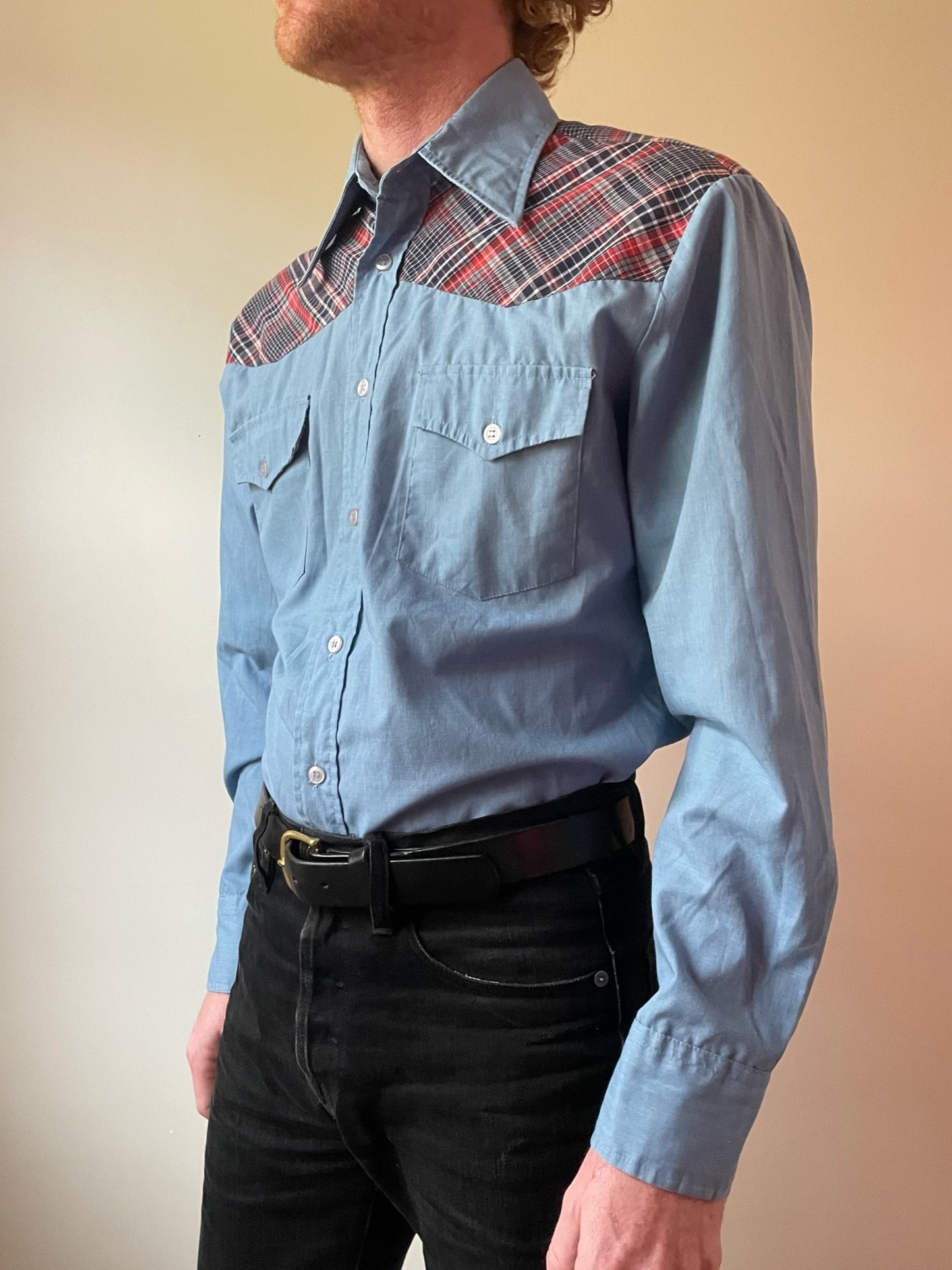 Light Blue Button Up Western Shirt w/ Plaid Yokes (M)